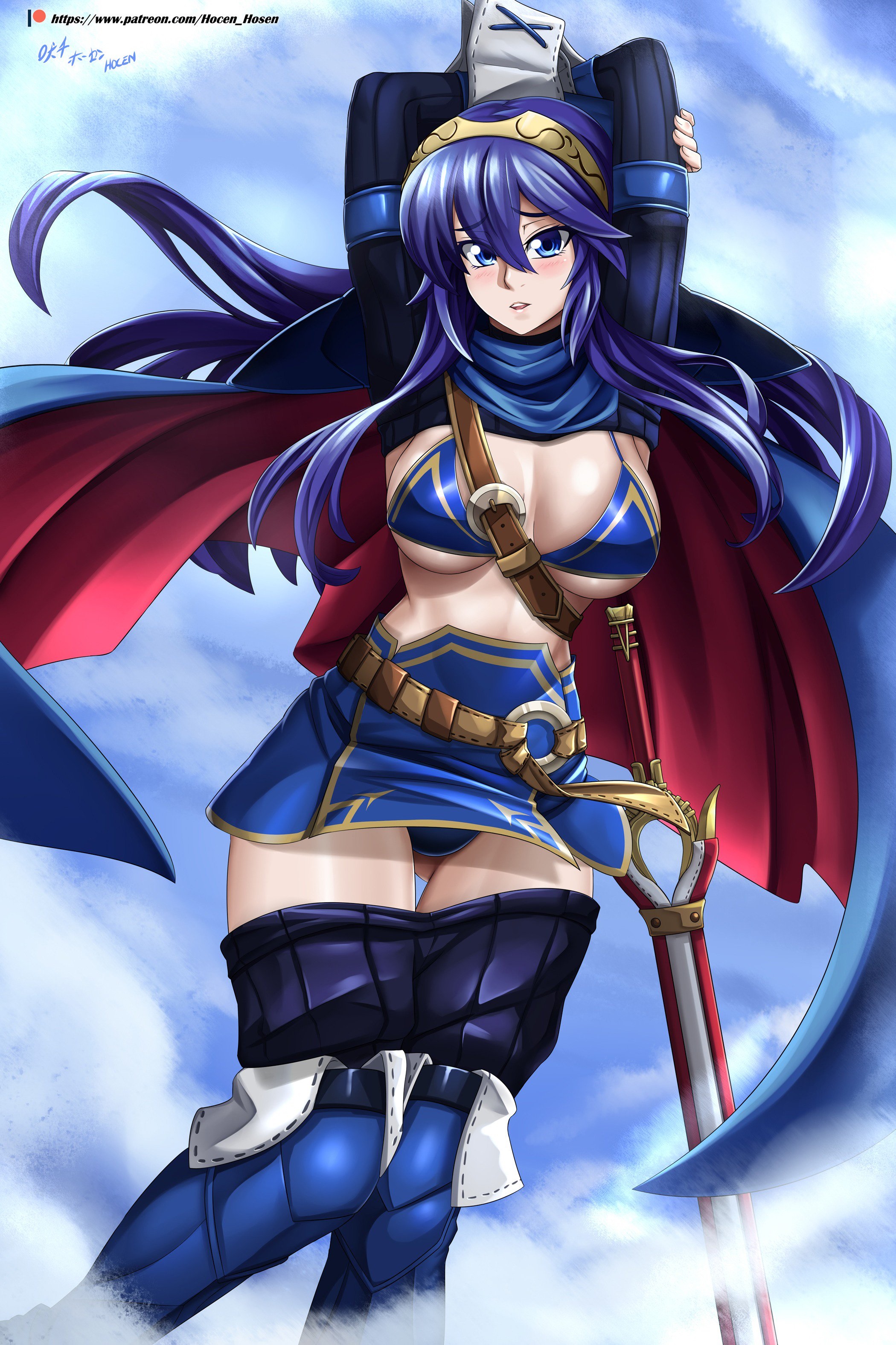 blue eyes, blue hair, bra, breasts, female, fire emblem, fire emblem awakening, high resolution, highres, hocen, looking at viewer, lucina (fire emblem), panties