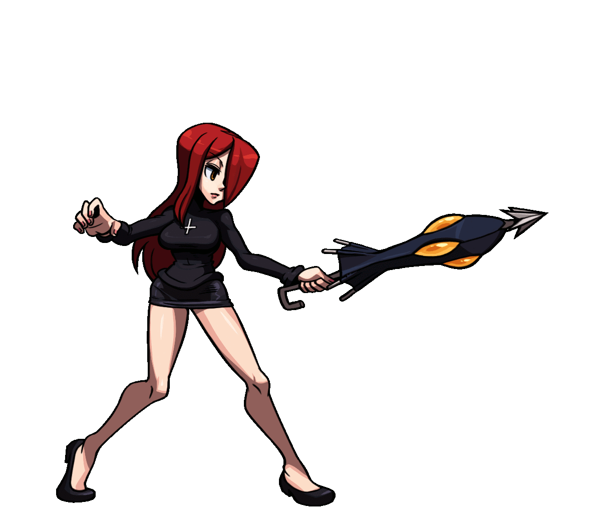 animated, attack, black skirt, bouncing breasts, breasts, clenched hand, cross, edit, eyebrows, eyebrows visible through hair, eyelashes, female, going commando, heels, kick, krieg (skullgirls), lipstick, necklace, parasol, parasoul, pussy, pussy peek, red eyes, skirt, skullgirls, upskirt, vagina, video games