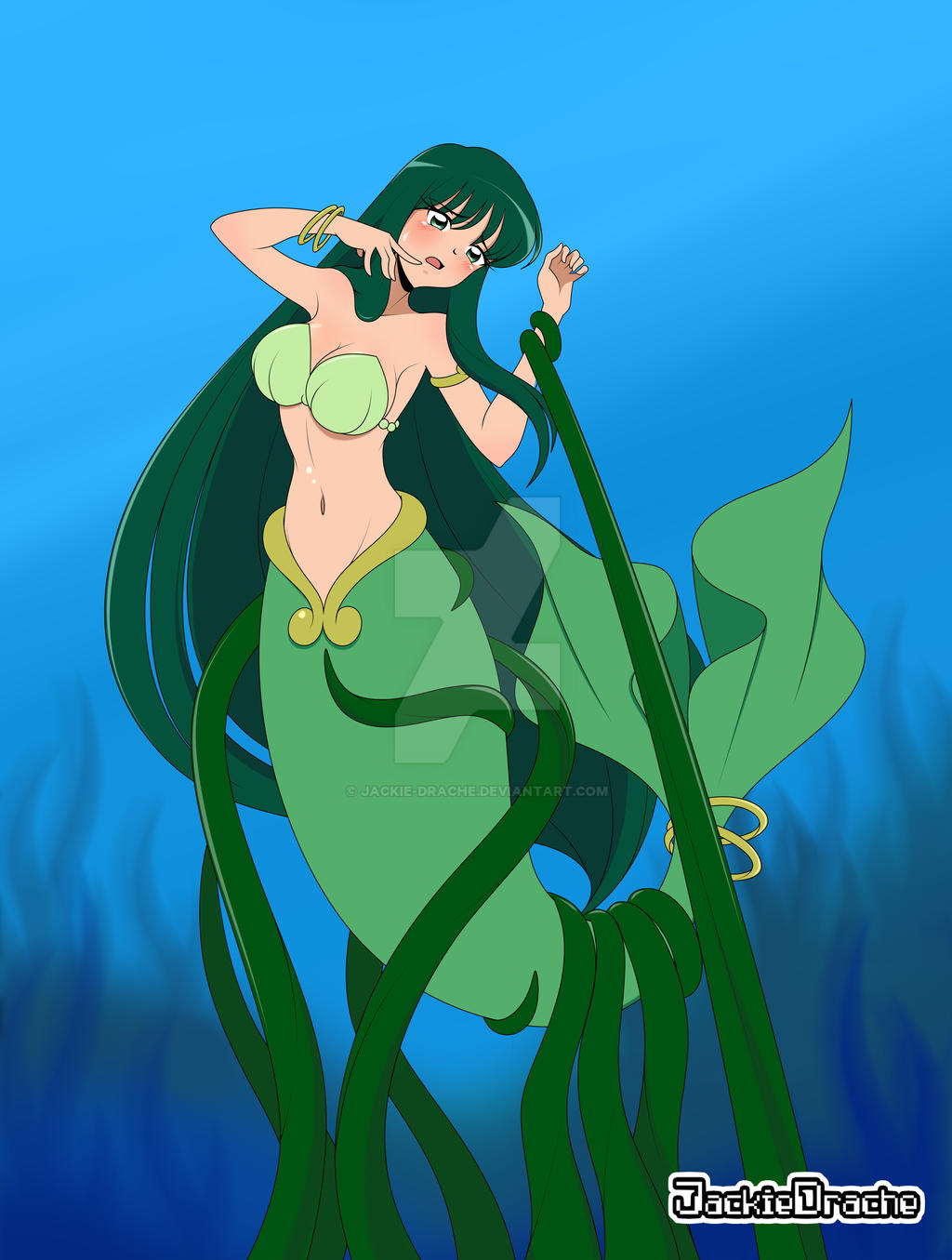 1girls ahoge athletic athletic_female before_rape blush boobs breasts cute cute_face deviantart deviantart_username entangled green_eyes green_hair jackie-drache long_hair medium_breasts merfolk mermaid mermaid_melody_pichi_pichi_pitch mermaid_tail monster_girl navel rina_toin seaweed shell_bikini tentacle tits touin_rina very_long_hair