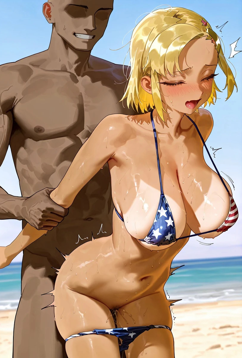 1boy 1girls ai_generated american_flag_bikini angol_mois athletic_female bare_legs beach big_breasts bikini blonde_hair blush closed_eyes dark-skinned_male dark_skin doram huge_breasts huge_thighs interracial keroro_gunsou massive_breasts muscular_male nude nude_male open_mouth sex short_hair squatting standing_sex sweat sweatdrop tan-skinned_female tan_body tanned_female tanned_skin thick_thighs thighs vaginal_penetration voluptuous voluptuous_female