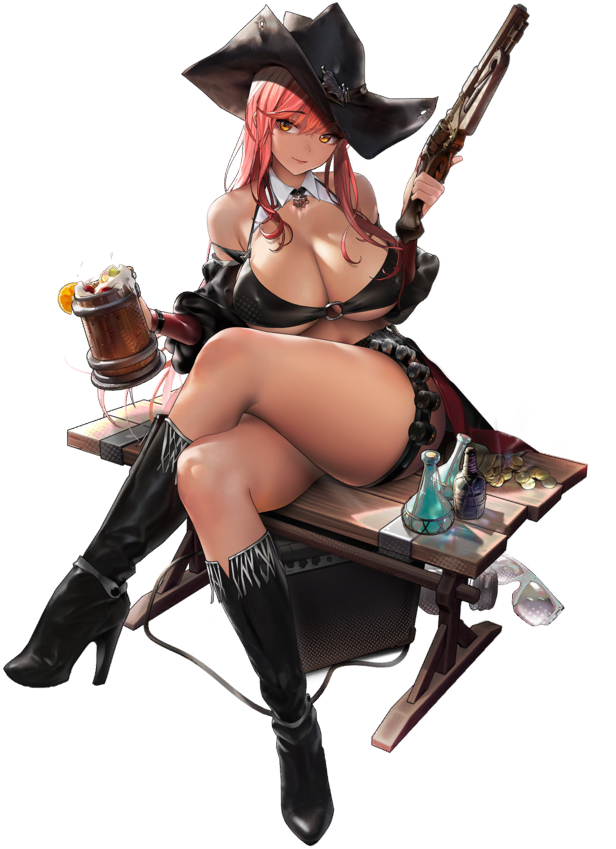 alternate_costume beer beer_mug boots bra coat coin dark-skinned_female dark_skin exposed_shoulders goddess_of_victory:_nikke gold_coin hat high_heel_boots huge_breasts jewelry large_breasts legs legs_crossed long_hair nipple_bulge official_art potion red_hair simple_background sitting sitting_on_table sleeves solo solo_female sunglasses table thick_thighs thighs underboob volume_(nikke) weapon yellow_eyes