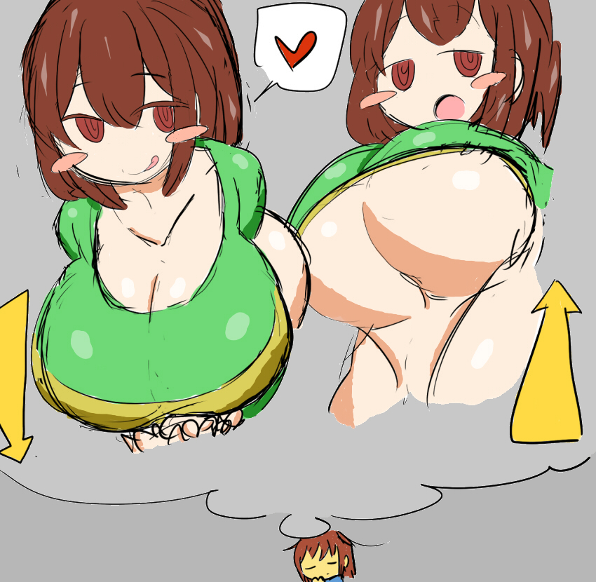 1boy big_breasts brown_hair chara edit edited female frisk green_shirt hypnotized_personality_change hypnotized_presentation hypnotized_sex hypnotized_undressing petronoise petronoise_(edit) red_eyes toby_fox undertale yellow_skin