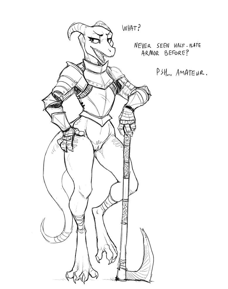 2018 anthro armor bottomless casual_nudity clothed clothing dialogue english_text female guoh horn kobold melee_weapon partially_clothed pussy scalie simple_background solo text tongue weapon