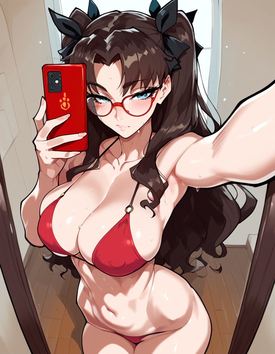 ai_generated alternate_breast_size armpits bangs bare_shoulders bikini black_ribbon blue_eyes blush breasts brown_hair cellphone cleavage closed_mouth collarbone covered_nipples fate/stay_night fate_(series) female floppydisc glasses hair_ribbon holding holding_phone indoors large_breasts long_hair looking_at_viewer mirror navel novelai o-ring parted_bangs phone red-framed_eyewear red_bikini reflection ribbon selfie smartphone solo stable_diffusion sweat swimsuit thighs tohsaka_rin two_side_up wooden_floor