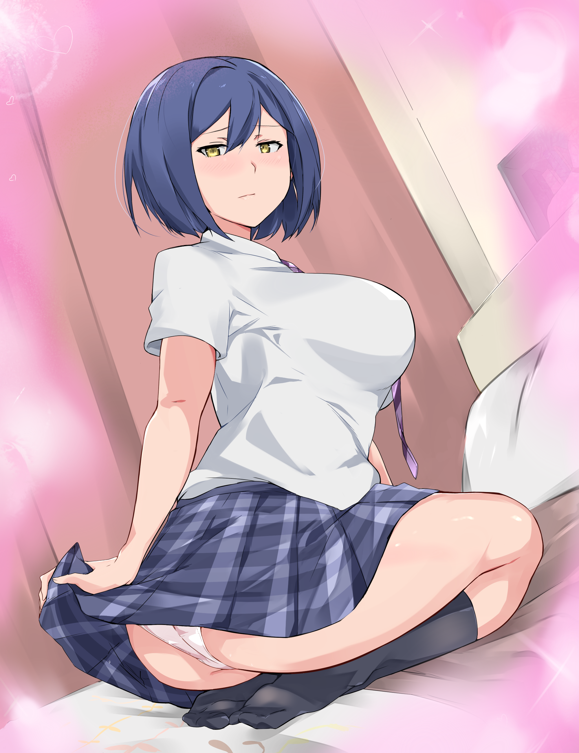 ass, big breasts, blush, breasts, cafekun, cleavage, female, female only, large breasts, looking at viewer, looking back, nijisanji, panties, school uniform, shizuka rin, skirt, skirt lift, solo, upskirt, virtual youtuber