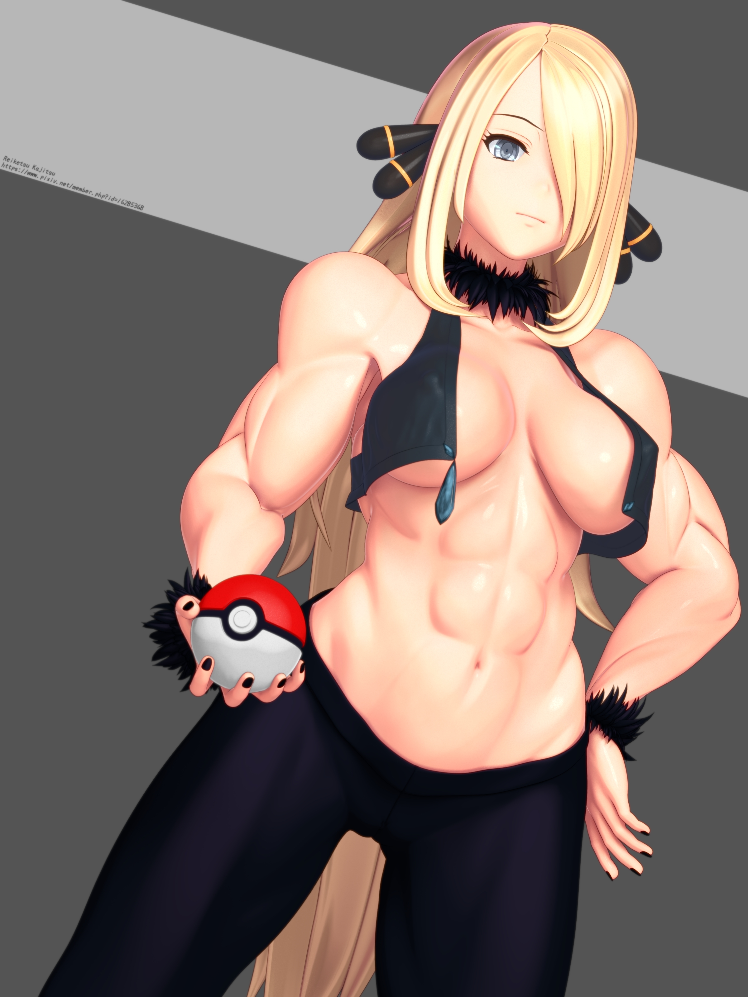 1girls, abs, bare shoulders, belly, big breasts, black nails, blonde hair, bloodfruit, blue eyes, breasts, choker, cleavage, clothes, cynthia (pokemon), female, female only, grey background, grey eyes, hair ornament, hair over one eye, hand on hips, holding, human, long hair, looking at viewer, muscles, muscular, muscular female, nail polish, navel, nintendo, pants, poke ball, pokemon, pokemon dppt, reiketsu kajitsu, revealing clothes, solo, standing, sweatband, text, underboob, url, watermark