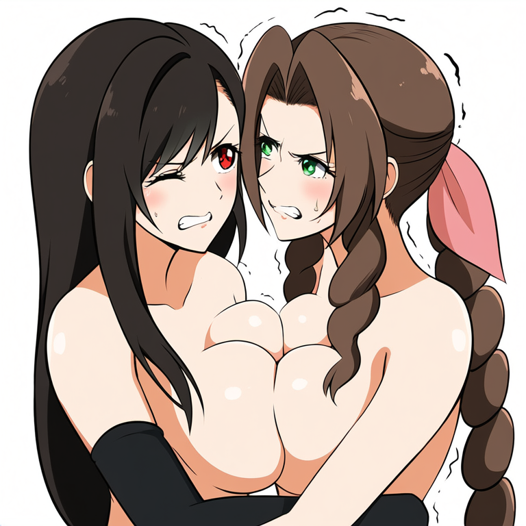 2girls aerith_gainsborough ai_generated big_breasts catfight cleavage female_only final_fantasy final_fantasy_vii l nipples_visible_through_clothing square_enix staredown symmetrical_docking tifa_lockhart titfight yuri