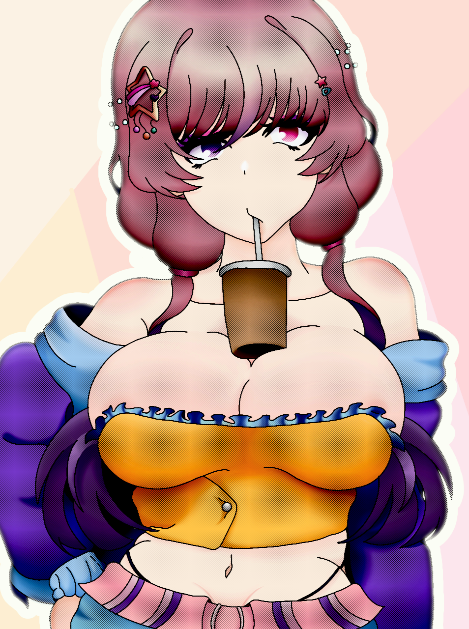 1girls big_breasts breasts cleavage coffee cosplay drink_on_breasts drinking_straw essievt fanart female fully_clothed looking_off_screen solo solo_female tagme vtuber