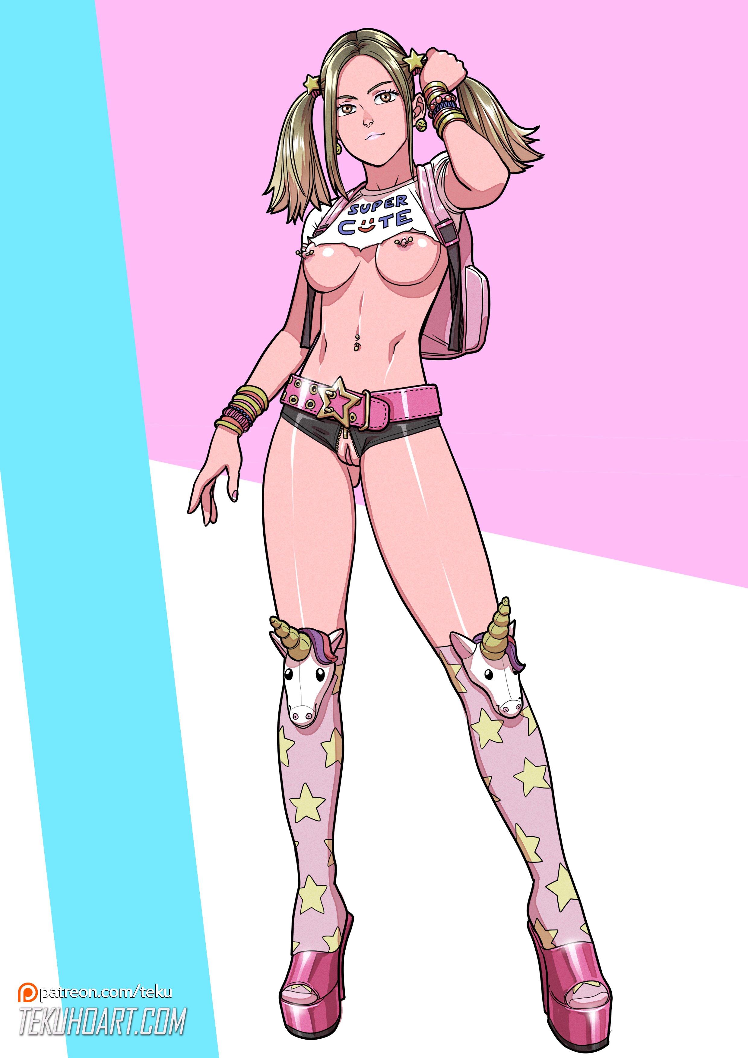 1girls, breasts, crop top, crotchless, female, female only, full body, high heels, lisa (tekuho), nipple piercing, nipples, open toe shoes, piercing, platform heels, pussy, revealing clothes, shorts, skimpy clothes, solo, standing, tagme, tekuho, torn clothes, twintails