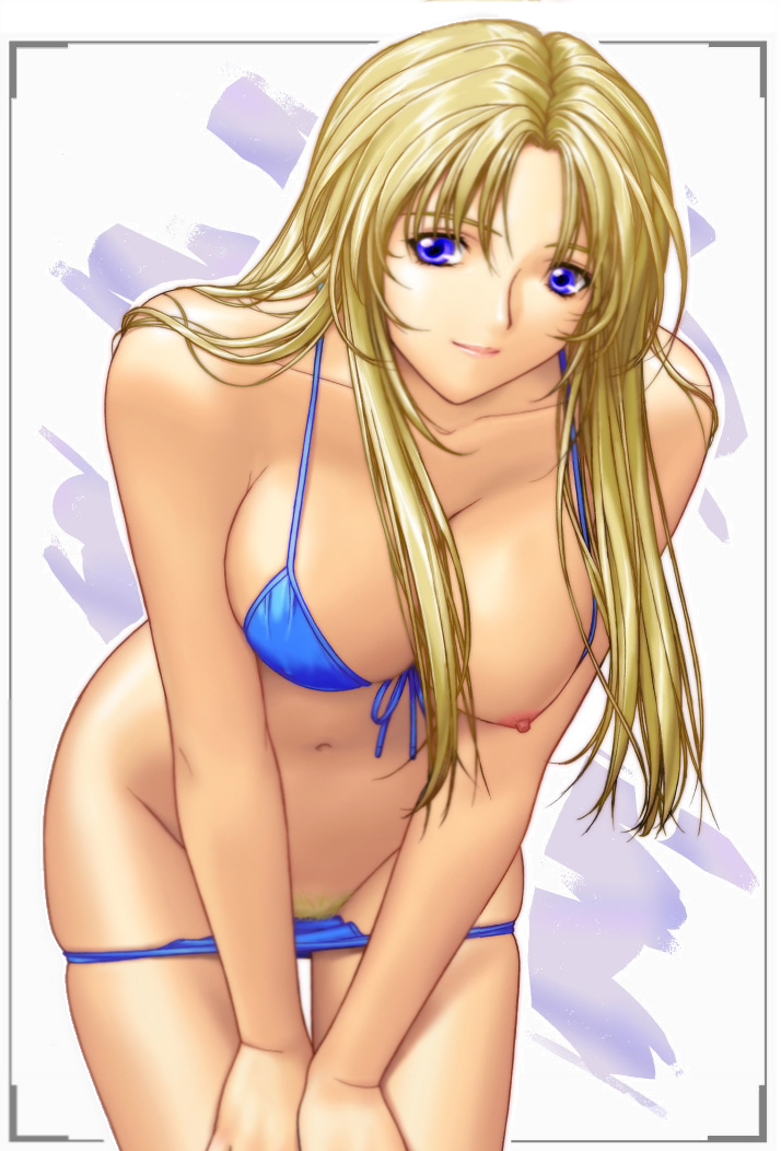 bikini blonde_hair breasts female female_only front-tie_top human leaning_forward long_hair nipples original pubic_hair purple_eyes solo swimsuit swimsuit_pull yumenosuke