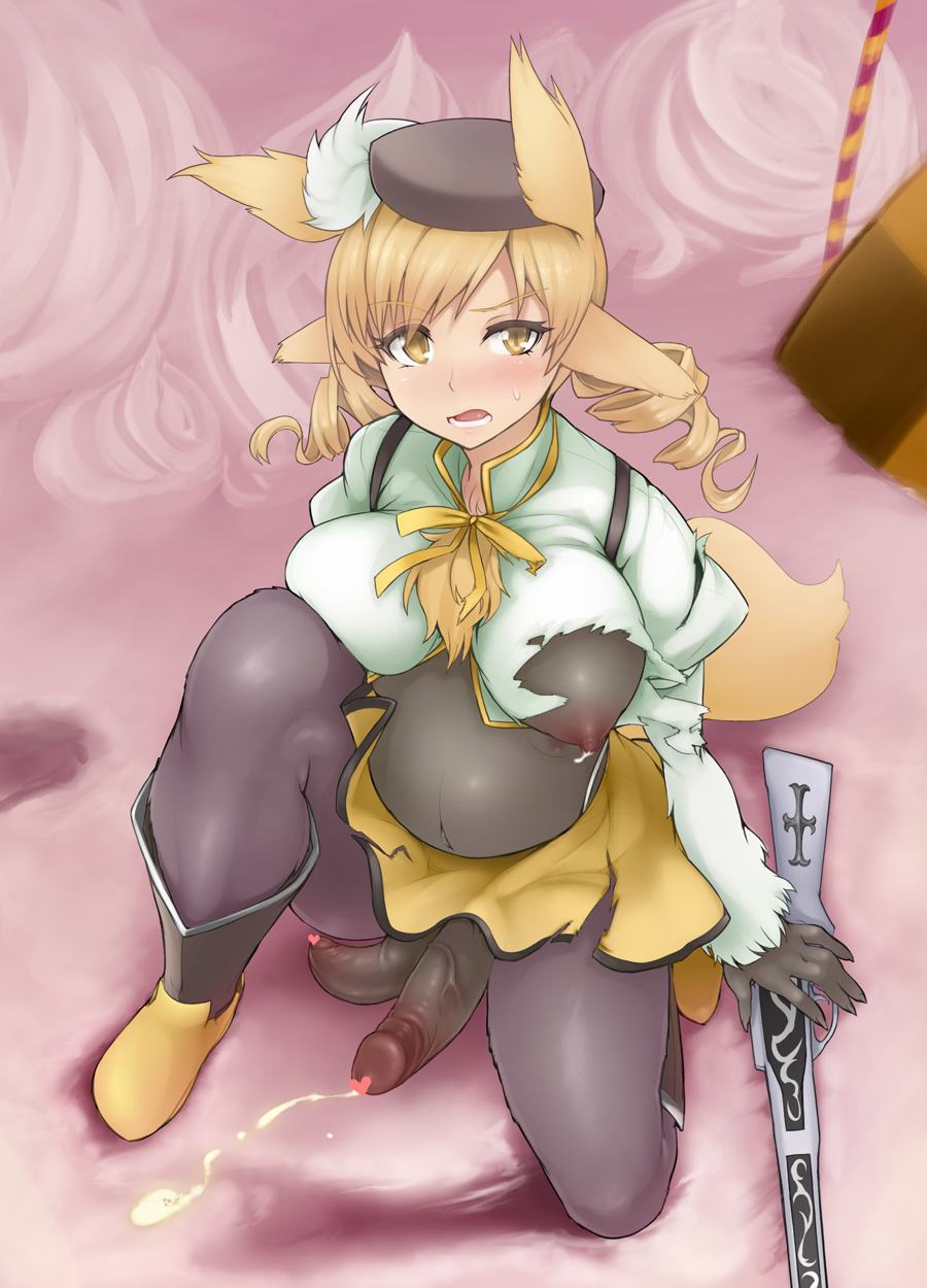 1futa, abubu, animal ears, beret, blonde hair, blush, breast milk, breasts, censored, clothing, diphallia, diphallism, ejaculation, futa only, futanari, gun, intersex, lactation, large breasts, long hair, mahou shoujo madoka magica, multi genitalia, multi penis, nipples, open mouth, penis, penis under skirt, pointless censoring, pregnant, pregnant futa, rifle, see-through, sitting, skirt, solo, sweatdrop, tail, tomoe mami, torn clothes, weapon, yellow eyes