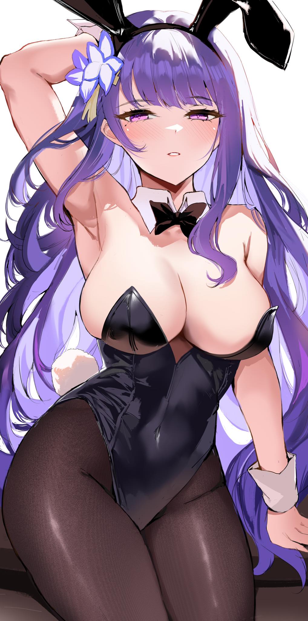 1girls, armpits, blush, bowtie, breasts, bunny ears, bunny girl, bunny tail, bunnysuit, cleavage, detached collar, fake animal ears, female, genshin impact, highleg leotard, hoyoverse, huge breasts, leotard, light skin, light-skinned female, long hair, pantyhose, purple eyes, purple hair, raiden shogun, shiben (ugvu5784), thick thighs, white background, wide hips, wrist cuffs