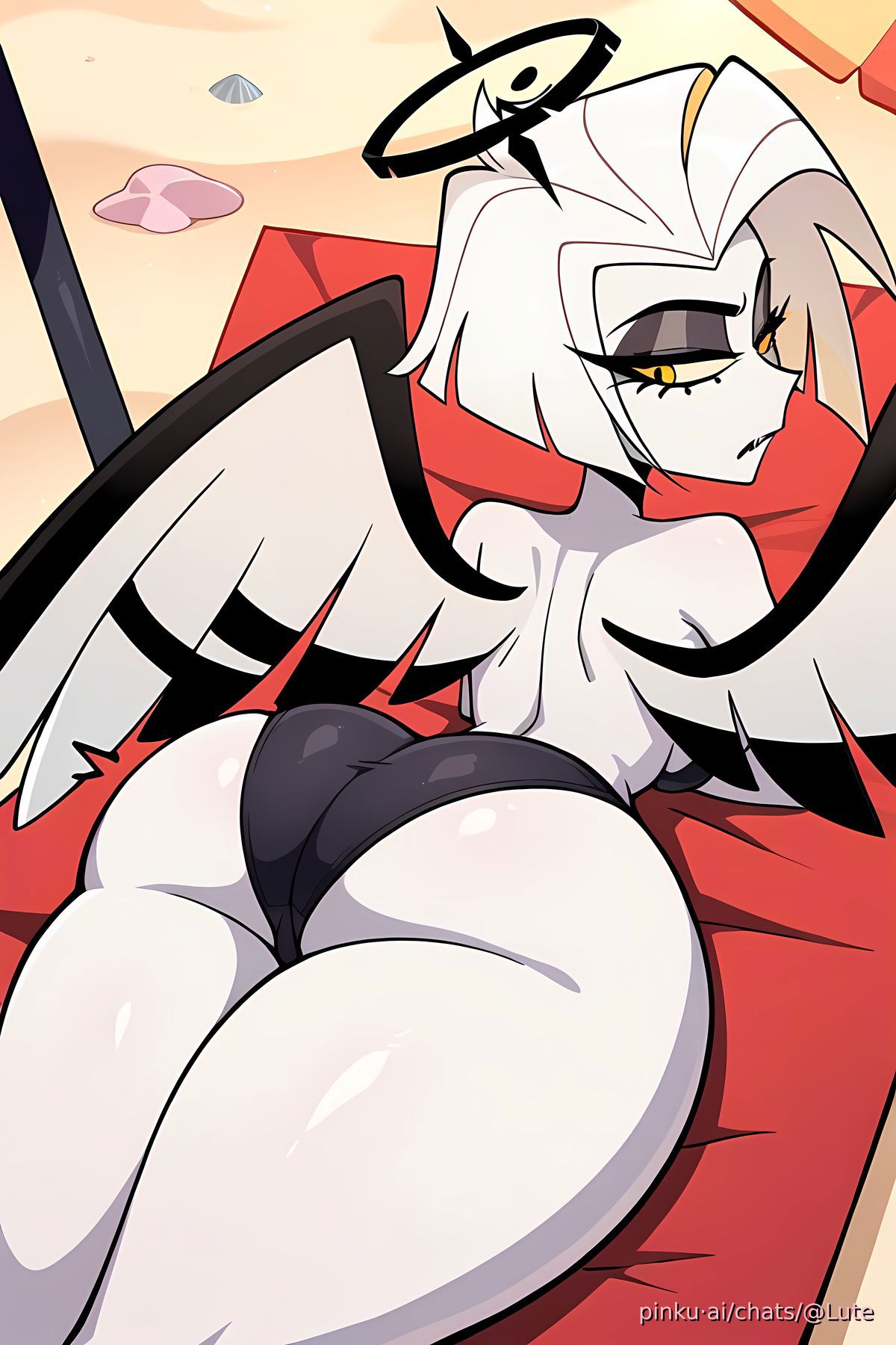 ai generated, angel, angel girl, big ass, bikini, black bikini, female, hazbin hotel, hellaverse, lute (hazbin hotel), pinku.ai, thick thighs, white hair, yellow eyes
