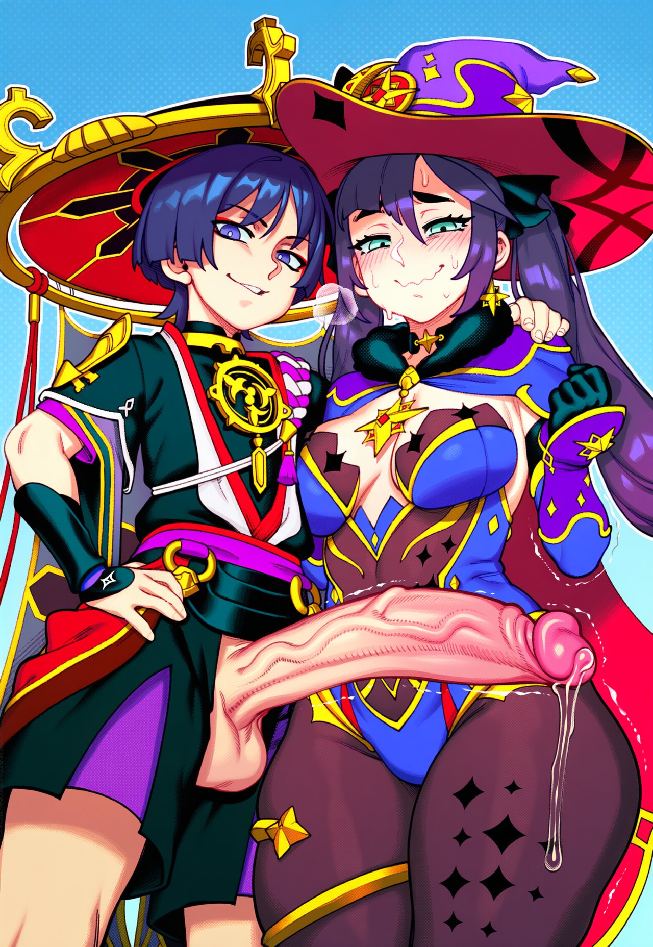 1boy, 1girls, ai generated, demerzel, femboy, femboy on female, genshin impact, hung trap, larger female, light-skinned femboy, looking at penis, medium breasts, mona (genshin impact), penis awe, scaramouche (genshin impact), size difference, smaller male, veiny penis