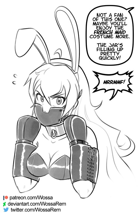black and white, bondage, breasts, bunny ears, female, gag, gagged, medium breasts, monochrome, rwby, wossarem, yang xiao long
