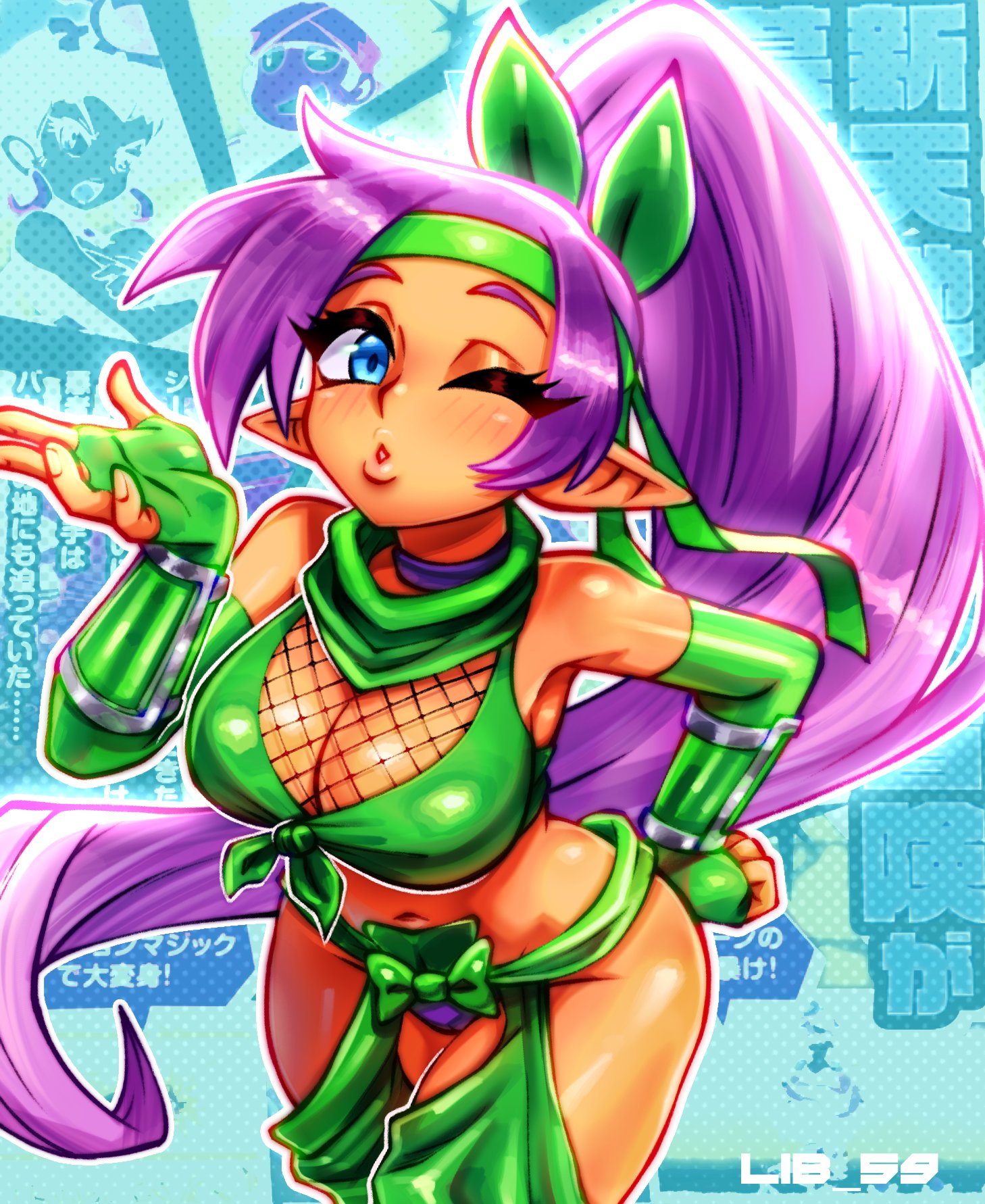1girls, alternate costume, blowing kiss, blue eyes, cleavage, female, fishnets, lib 100, lib 59, ninja, no sex, non-nude, ponytail, purple hair, revealing clothes, shantae, shantae (character), solo, solo female, wayforward, wink