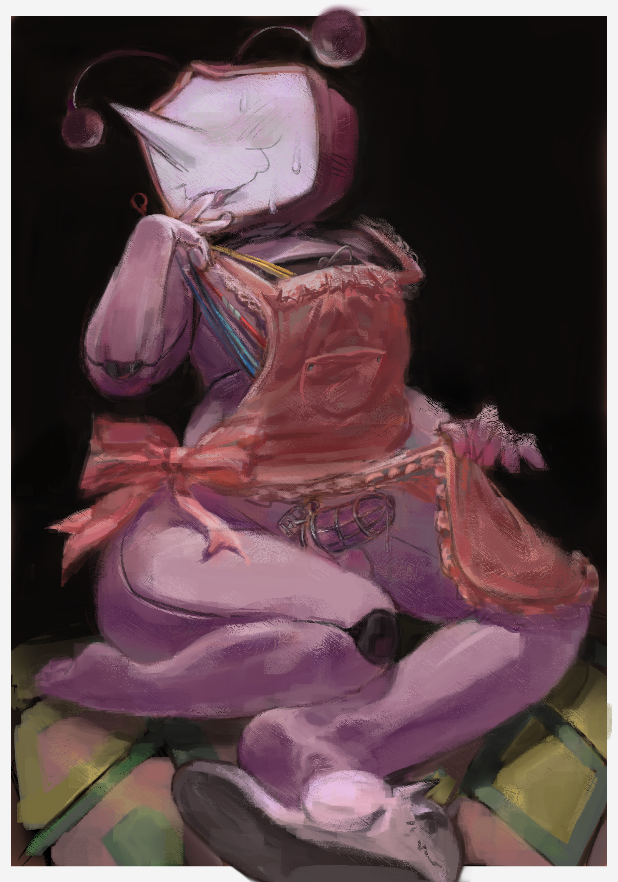 apron, apron only, chastity cage, deltarune, finger in mouth, male, male only, penis, tenna (deltarune), tv head, wireplay