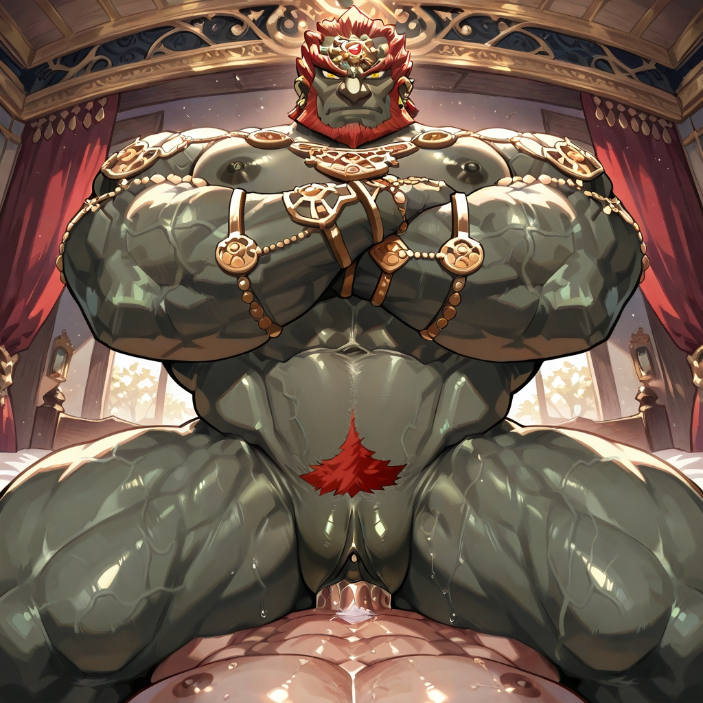 abs, ai generated, arms, arms crossed, bara, beard, big chest, castle, castle background, castle interior, cboy slut, chains, clitoris, cowgirl position, cuntboy, cuntboy only, cuntboy penetrated, cuntboy/male, forehead mark, ganondorf, gay, gay sex, gerudo, gold jewelry, green skin, human, humanoid, intersex, long hair, luxury, lying on back, lying on bed, male, male focus, male only, muscles, muscular, muscular cuntboy, muscular male, nintendo, ornaments, pecs, pectorals, penetrating pov, penetration, penis, penis in pussy, pov, pov male, pussy, pussy penetration, red beard, red hair, room, serious, serious look, strong, tall, the legend of zelda, throne, throne room, yaoi, yellow eyes