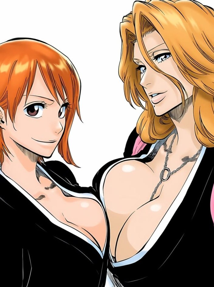 2girls, big breasts, bleach, breasts, defined nose, female, female only, matsumoto rangiku, moha sann, nami (one piece), one piece, orange hair, orange-haired female