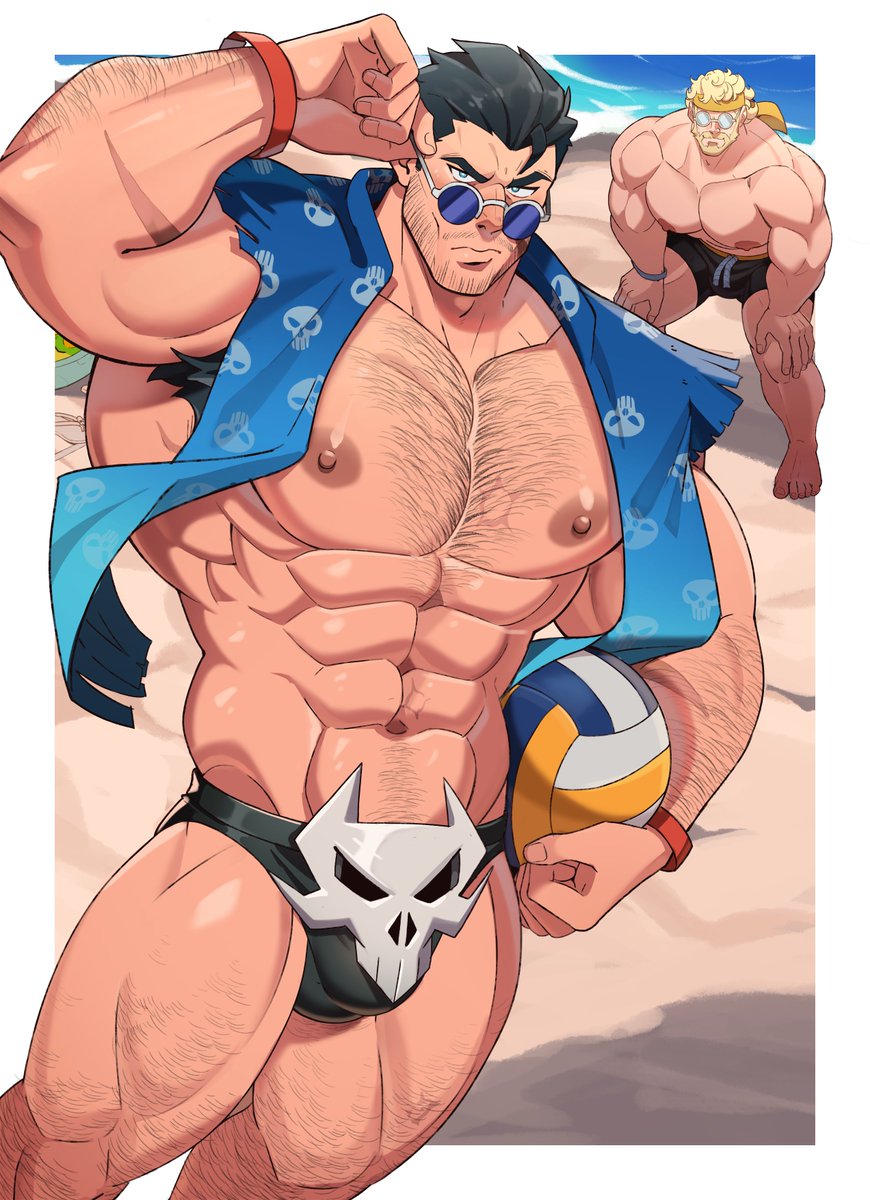 2boys, abs, armpit hair, bara, beach, beach background, beach ball, blonde hair, body hair, chest hair, gay, geckobara, hairy, hairy armpits, hairy chest, happy trail, male, male only, marvel, marvel comics, marvel rivals, muscular, muscular male, pubic hair, punisher (aqua arsenal), punisher (francis castle), punisher (marvel comics), punisher (marvel rivals), sunglasses, thor (marvel rivals), thor (marvel), thor (series), thor (worthy waves), treasure trail, yaoi