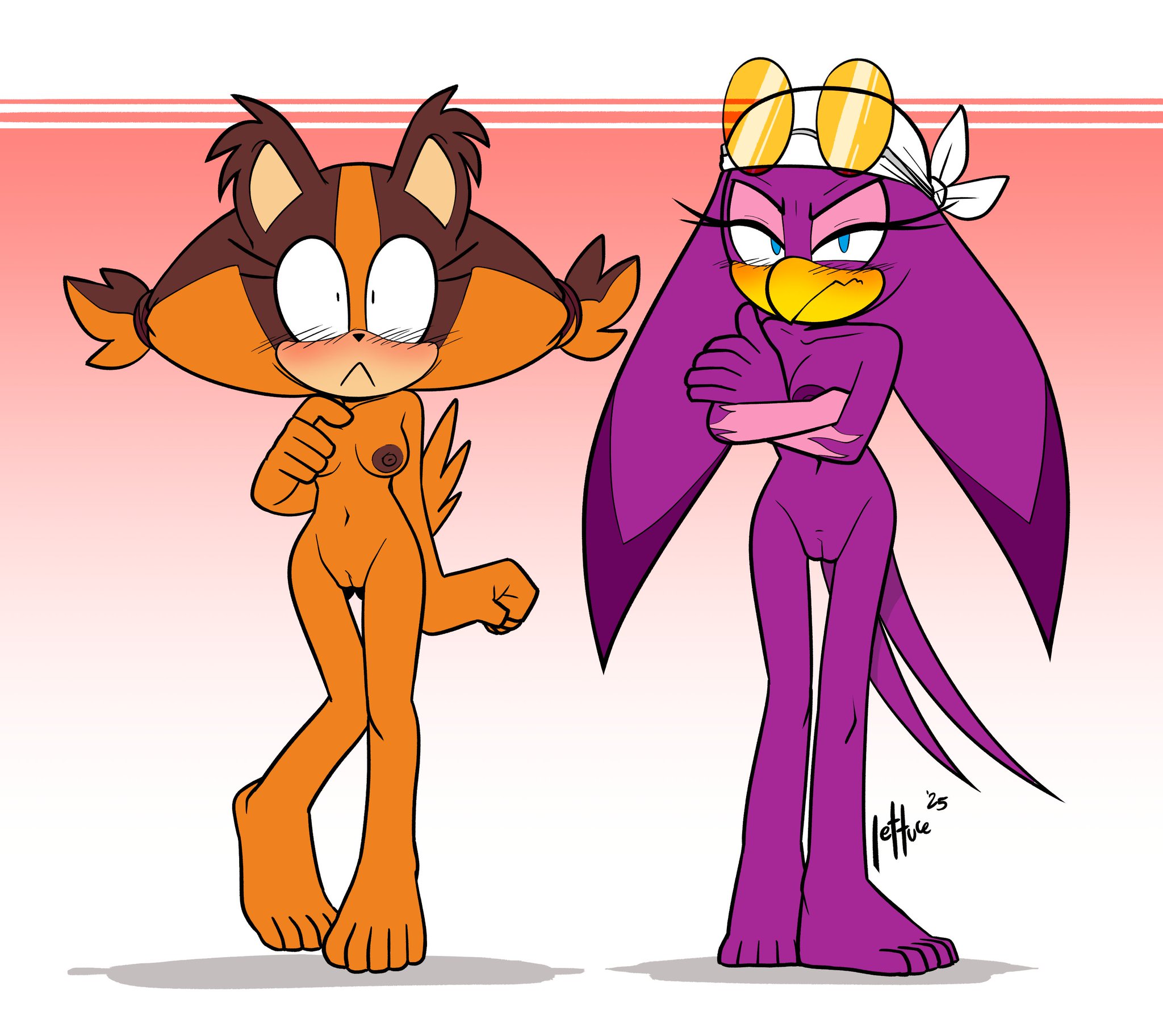 2girls, areolae, arms crossed, beak, blush, blush lines, breasts, covering breasts, covering self, durag, embarrassed nude female, enf, female, glasses, humanoid feet, nude, pussy, qqlettuce, sega, sonic (series), sonic boom, sonic riders, sonic the hedgehog (series), sticks the badger, sticks the jungle badger, tagme, wave the swallow