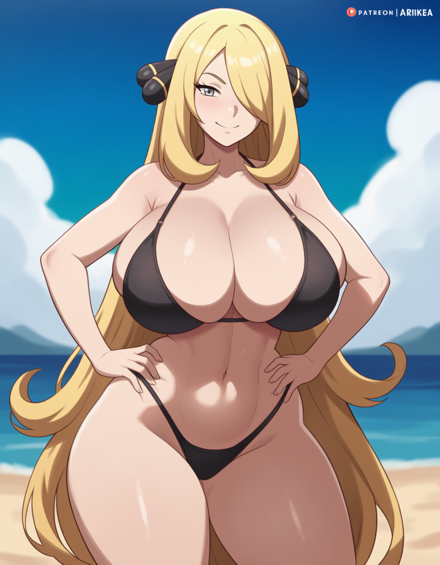 ai generated, arikea, beach, big ass, big breasts, bikini, black bikini, blonde hair, breasts, cleavage, cynthia (pokemon), female, grey eyes, hand on hip, long hair, looking at viewer, outdoors, pokemon, smile, smiling, standing, thick thighs