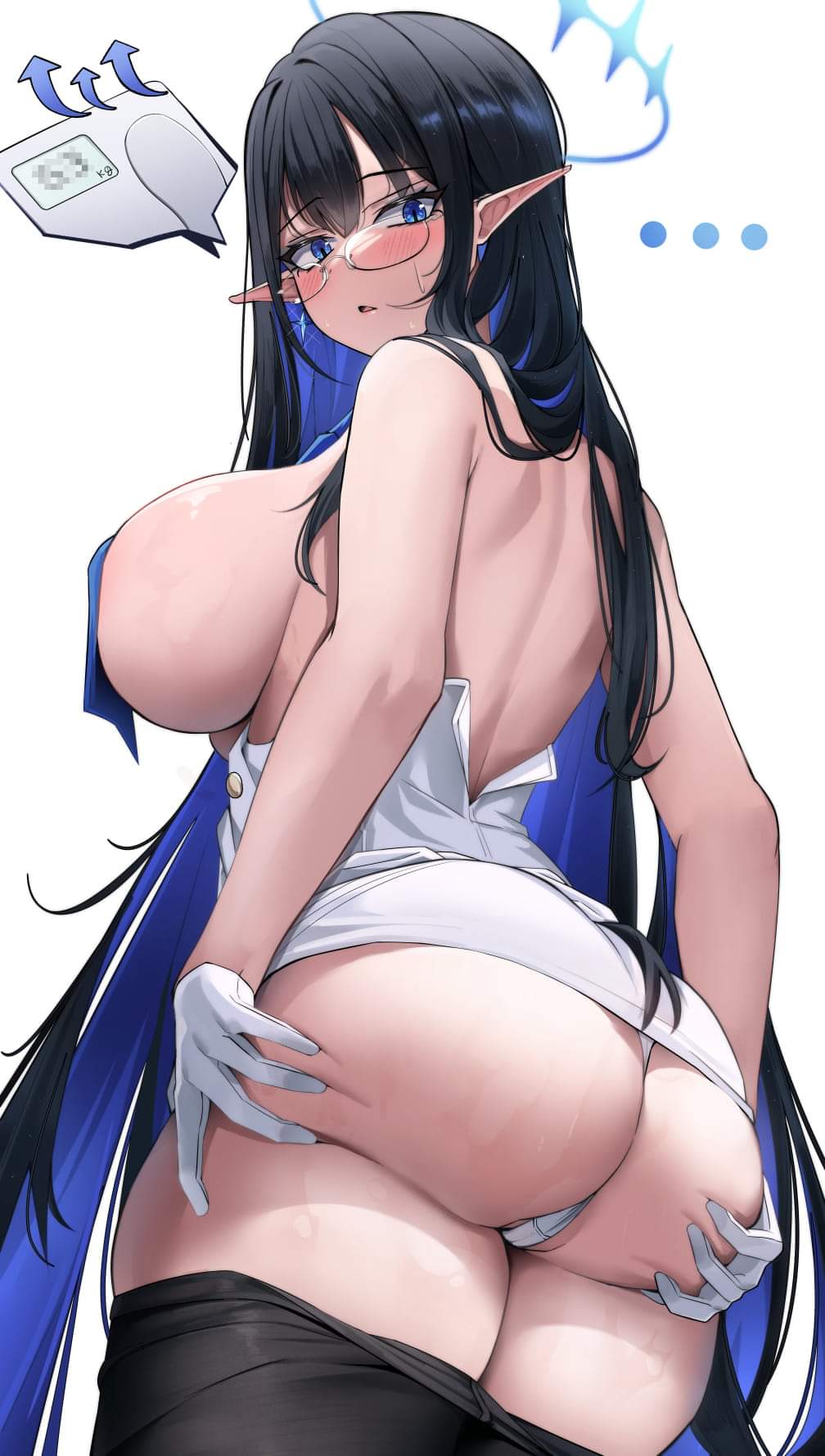 1girls, artist request, ass grab, back view, big ass, big breasts, blue archive, blush, breasts, elf female, female, female only, gaining weight, general student council (blue archive), glasses, gloves, halo, hands on ass, long hair, panties, pointy ears, rin (blue archive), scale, stockings, taking clothes off