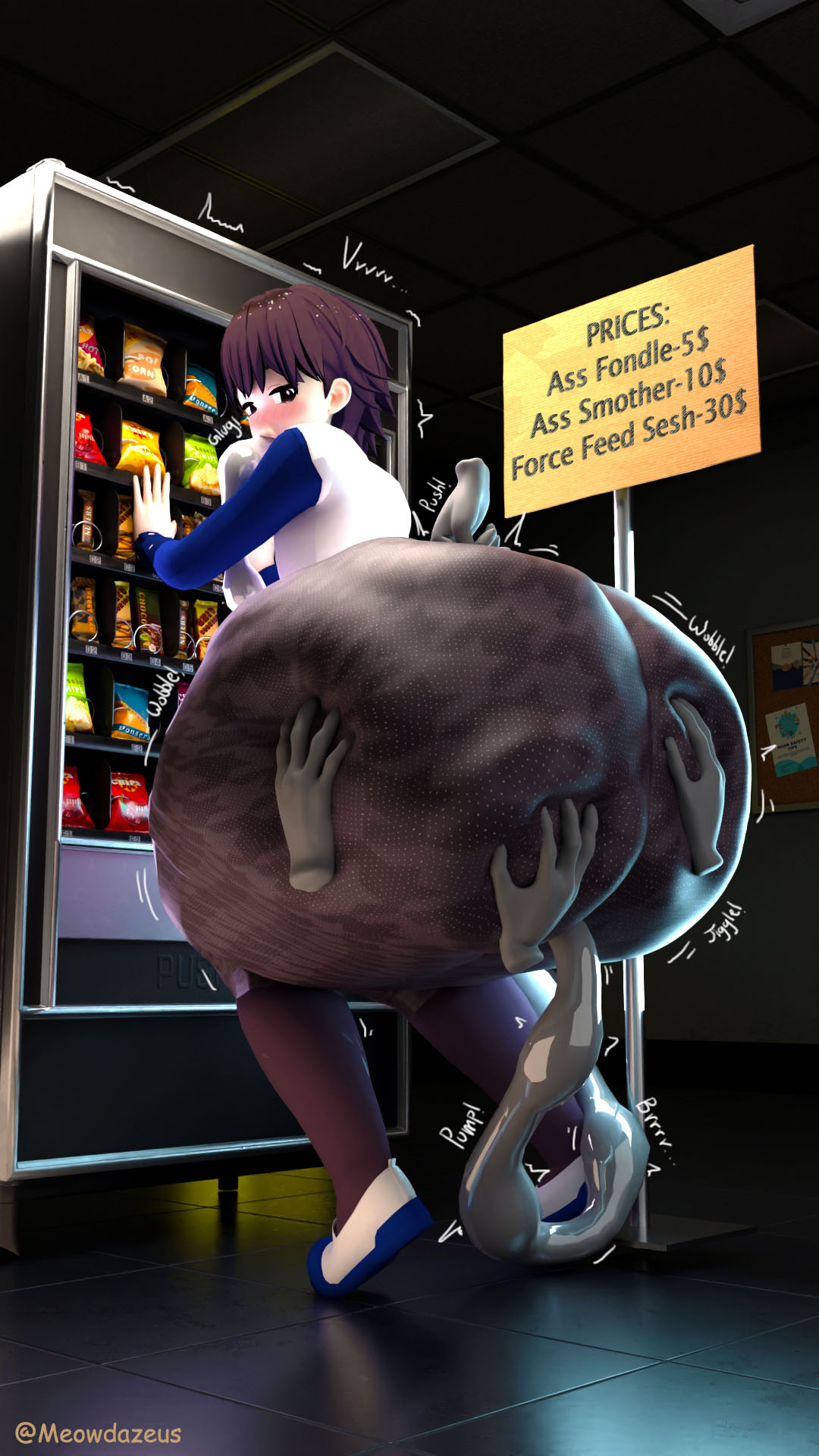 1boy, 1femboy, adventures of shirou, ass expansion, ass focus, ass fondling, big ass, big butt, clothed, feeding tube, femboy, forced feeding, hands on ass, huge ass, huge butt, lard, lard ass, male, male only, meowdazeus, movement lines, pumping, shirou (meowdazeus), sign, squeezing ass, tights, touching ass, vending machine