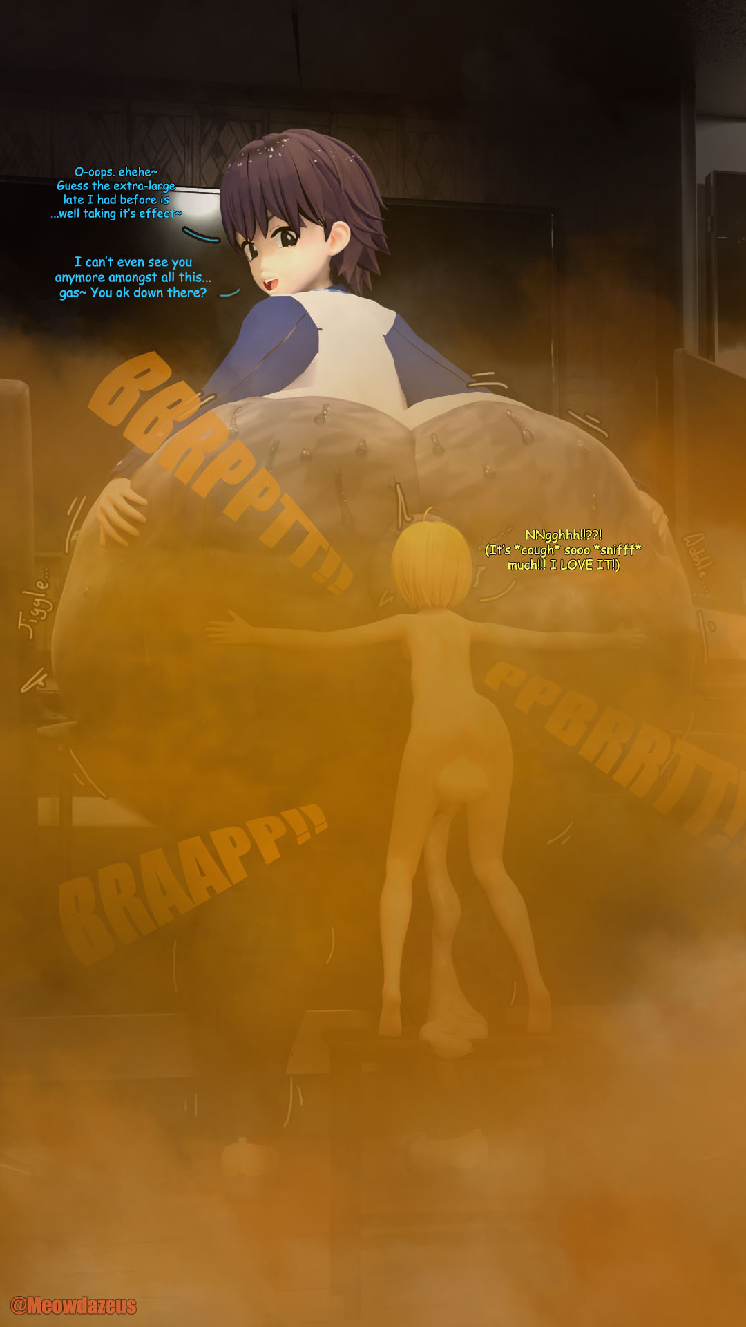 1boy, 1femboy, adventures of shirou, balls, behind ass, big ass, big balls, big butt, clothed male nude male, cum, enjoying ass, enjoying farts, excessive cum, face in ass, fart, fart cloud, fart fetish, farting, farting in face, farting on face, femboy, giant ass, giant butt, giant femboy, hojo (meowdazeus), hugging ass, hyper ass, hyper butt, male, male fart, meowdazeus, movement lines, shirou (meowdazeus), size difference, size play, smelling ass, smelling farts, sniffing ass, sniffing farts, squeezing butt, sweaty, sweaty ass, sweaty butt, text, tights