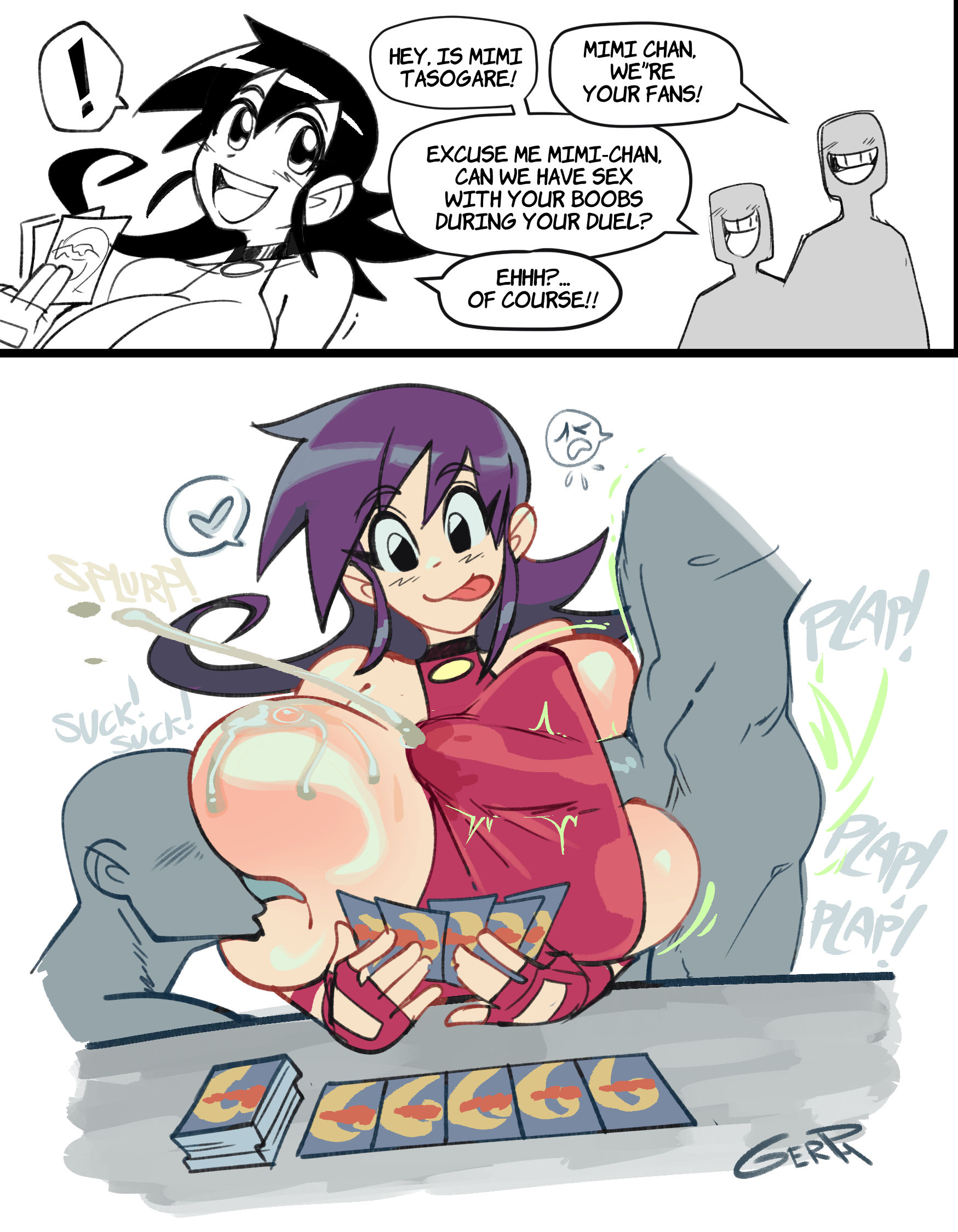 :p, 1girls, 2025, 2boys, 2koma, altered common sense, anon, anonymous male, big breasts, big penis, black eyes, bodily fluids, breast lick, breast play, breast squeeze, breast suck, breasts, busty, cleavage, clothed, clothed female, clothing, clothing aside, comic, cum, cum on body, cum on breasts, cumshot, duel masters, ejaculation, english text, erection, faceless male, female, fingerless gloves, free use, front view, genital fluids, genitals, gerph, gloves, hair, handwear, happy, heart, hi res, huge breasts, human, human only, large breasts, large penis, licking, licking breast, light skin, light-skinned female, long hair, looking back, male, male/female, multiple boys, multiple males, nipple licking, nipple suck, nude male, one breast out, onomatopoeia, open mouth, paizuri, paizuri under clothes, partially clothed, penis, penis on breast, penis to breast, penis under another's clothes, penis under clothes, plap, purple hair, side paizuri, simple background, sitting, smile, smiling, speech bubble, straight, sucking nipples, tasogare mimi, teeth, text, tongue, tongue out, trio, white background
