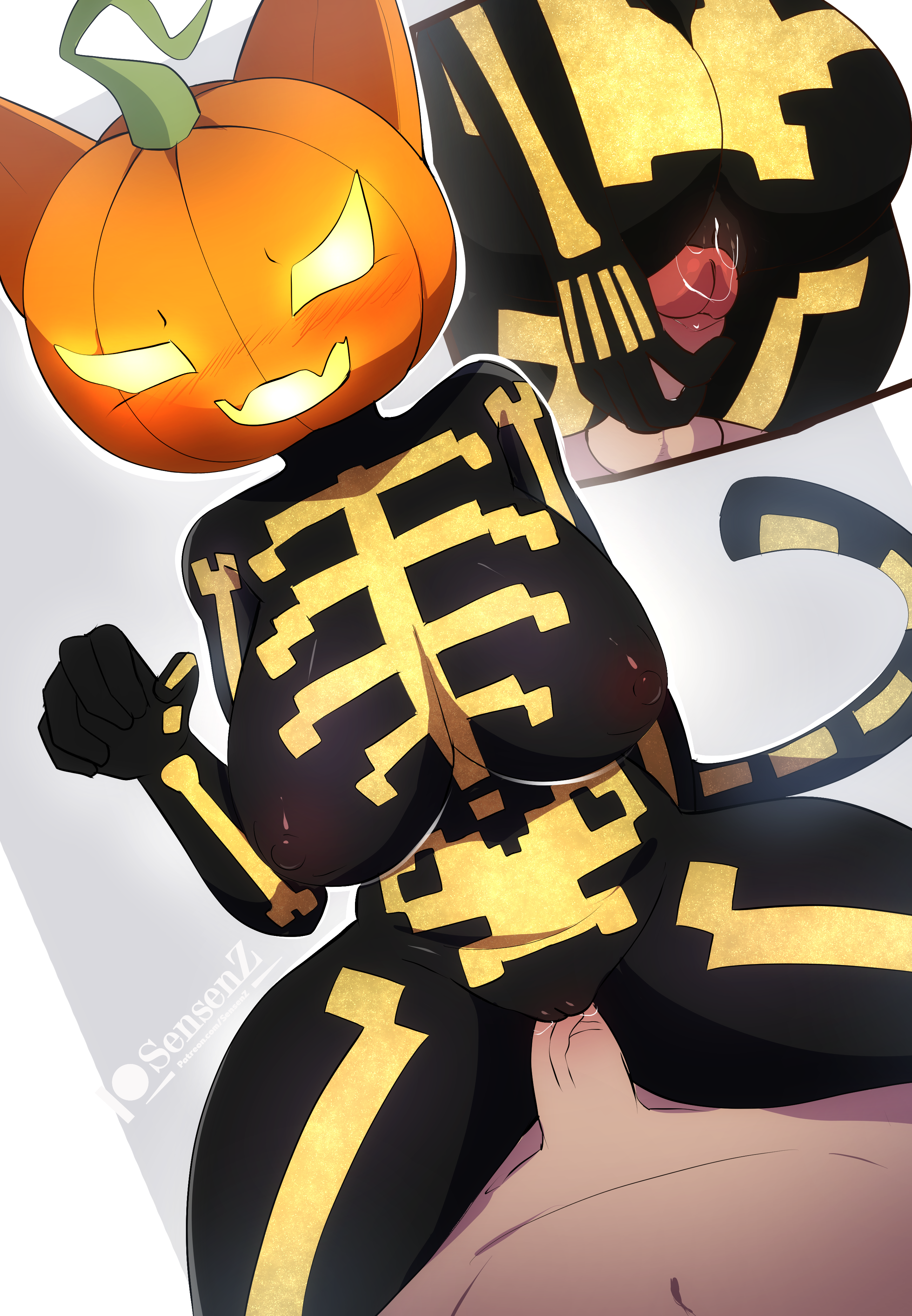 2025, 5 fingers, absurd res, anthro, areola, ass, big breasts, black areola, black body, black nipples, blush, blush lines, bodily fluids, breasts, digital media (artwork), epic games, erection, felid, feline, female, female on human, fingers, food, for a head, fortnite, fruit, genital fluids, genitals, hi res, human, imminent sex, male, male human, male on anthro, male/female, mammal, multicolored body, navel, nipples, nude, nude anthro, nude female, nude human, nude male, object head, penis, plant, pumpkin, pumpkin head, pussy, sensen, simple background, smile, spice (fortnite), spread legs, spreading, tail, tan body, tan penis, tan skin, text, thick thighs, url, vaginal fluids, vein, veiny penis, vulva, watermark, white background, yellow body