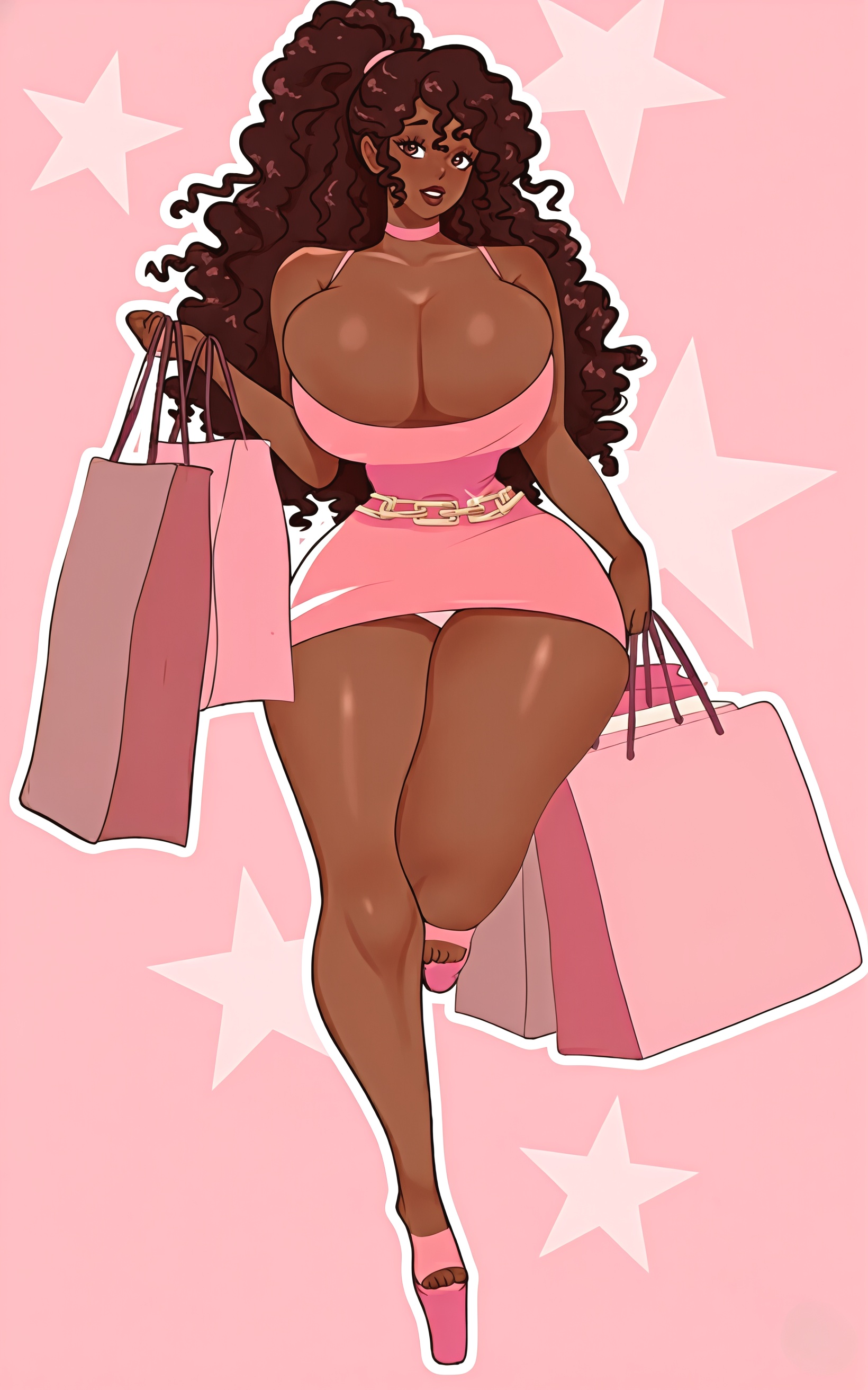 1girls, african female, ai generated, big breasts, bimbo, bimbo body, breasts, brown eyes, brown hair, choker, cleavage, curly hair, dark skin, dark-skinned female, dress, female, female only, heels, high heels, hourglass figure, huge breasts, long hair, original, original character, pink dress, shopping, solo, solo female, thick, thick thighs, thighs