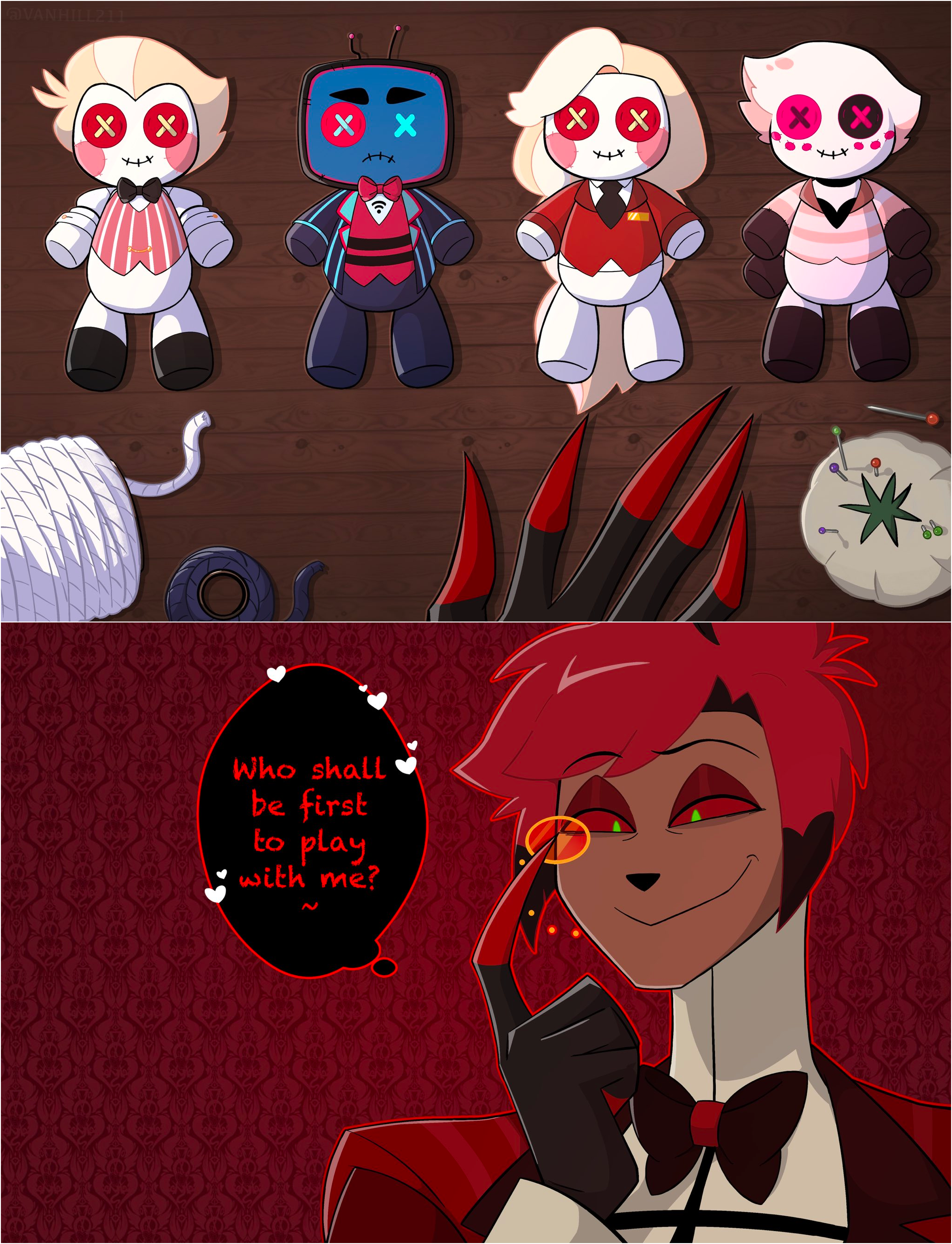 alastor (hazbin hotel), angel dust (hazbin hotel), bowtie, button eyes, charlie morningstar (hazbin hotel), clawed fingers, dolls, hazbin hotel, imminent sex, lucifer morningstar (hazbin hotel), red eyes, red hair, red suit, red text, thought bubble, toy, toys, vanhill211, voodoo, voodoo doll, vox (hazbin hotel)