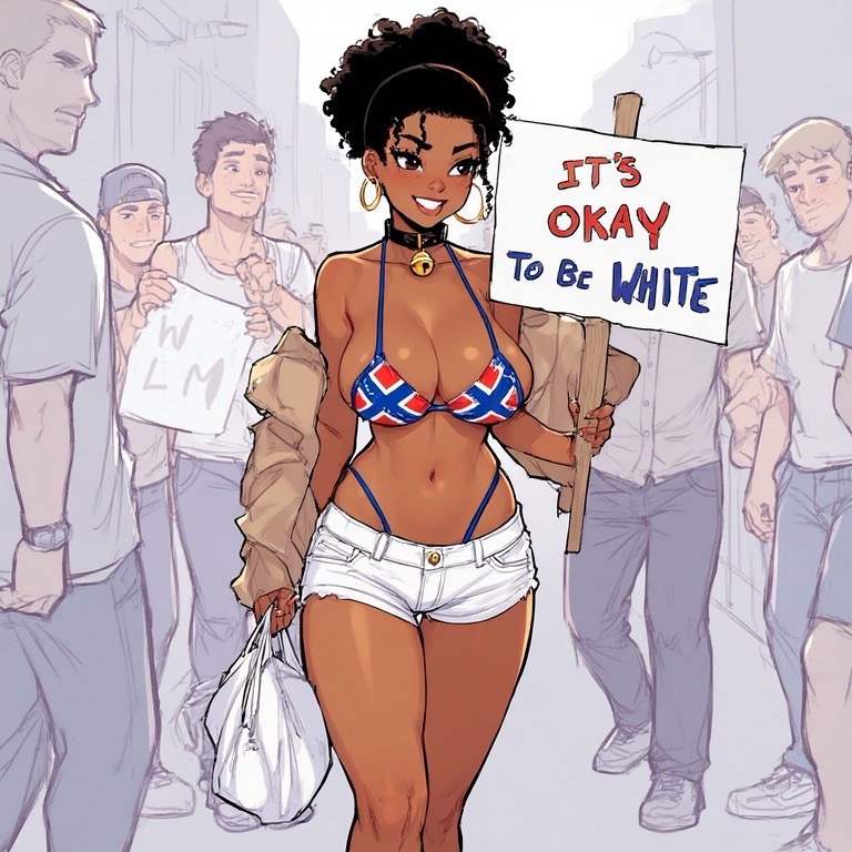 1girls, african, african female, ai generated, american flag, american flag bikini, bell, bell collar, big breasts, bikini, bikini top, bleached, breasts, caption, child bearing hips, city, cleavage, cleavage overflow, collar, confederate flag, confederate flag bikini, crowd, crowd watching, curvaceous, curvy, curvy figure, dark skin, dark-skinned female, dog collar, exposed thighs, female, flag, flag bikini, g-string, group, male, multiple boys, multiple males, navel, petplay, ponytail, protest, protest sign, proud, public, public humiliation, raceplay, short shorts, shorts, submissive, submissive female, tagme, text, thick thighs, thighs, thin waist, thong, wide hips