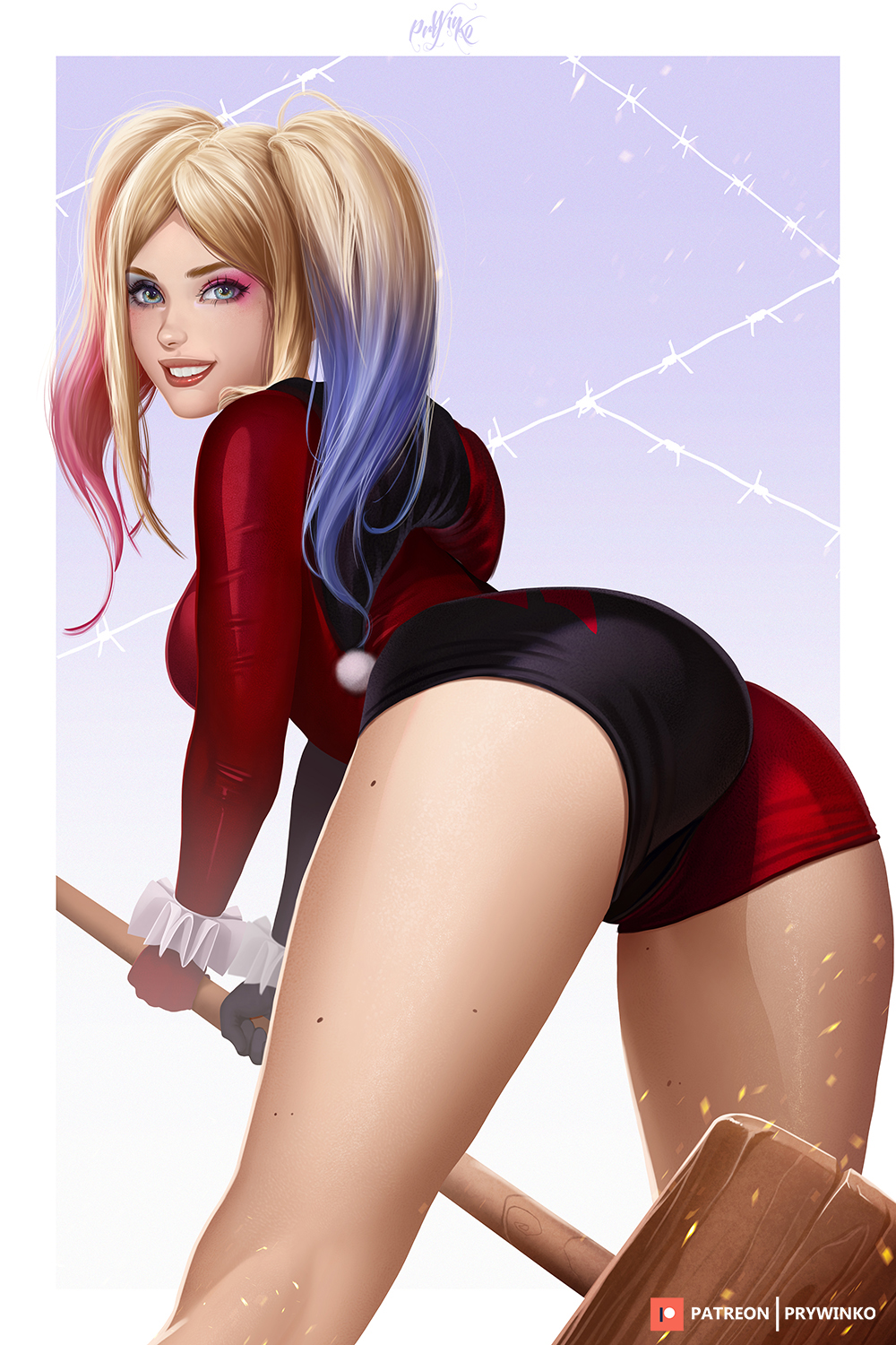 ass, batman (series), breasts, cleavage, dc, dc comics, female, female only, harley quinn, looking at viewer, looking back, prywinko, solo, suicide squad