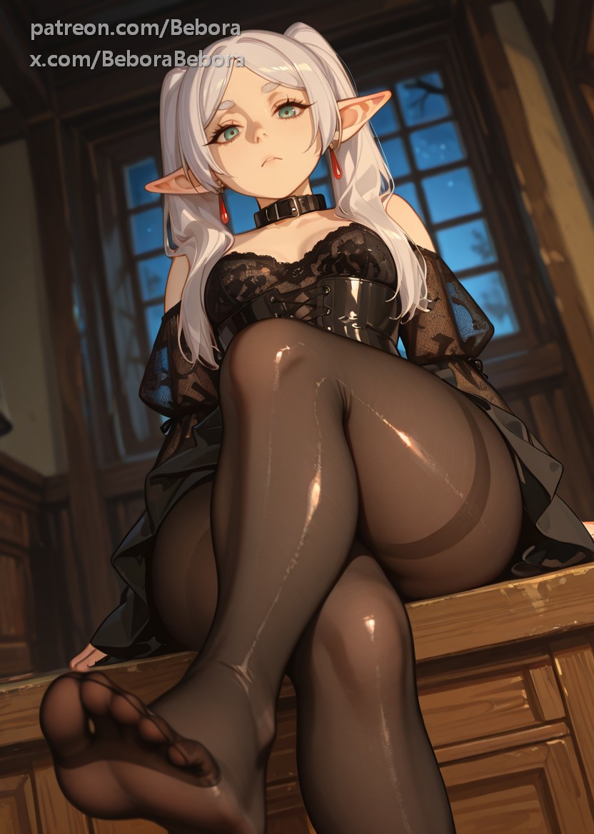 ai assisted, ai generated, bebora, breasts, elf, elf ears, elf female, fanart, feet, feet focus, female, frieren, frieren beyond journey's end, pantyhose, patreon, small breasts, soles, sousou no frieren, stockings, twintails