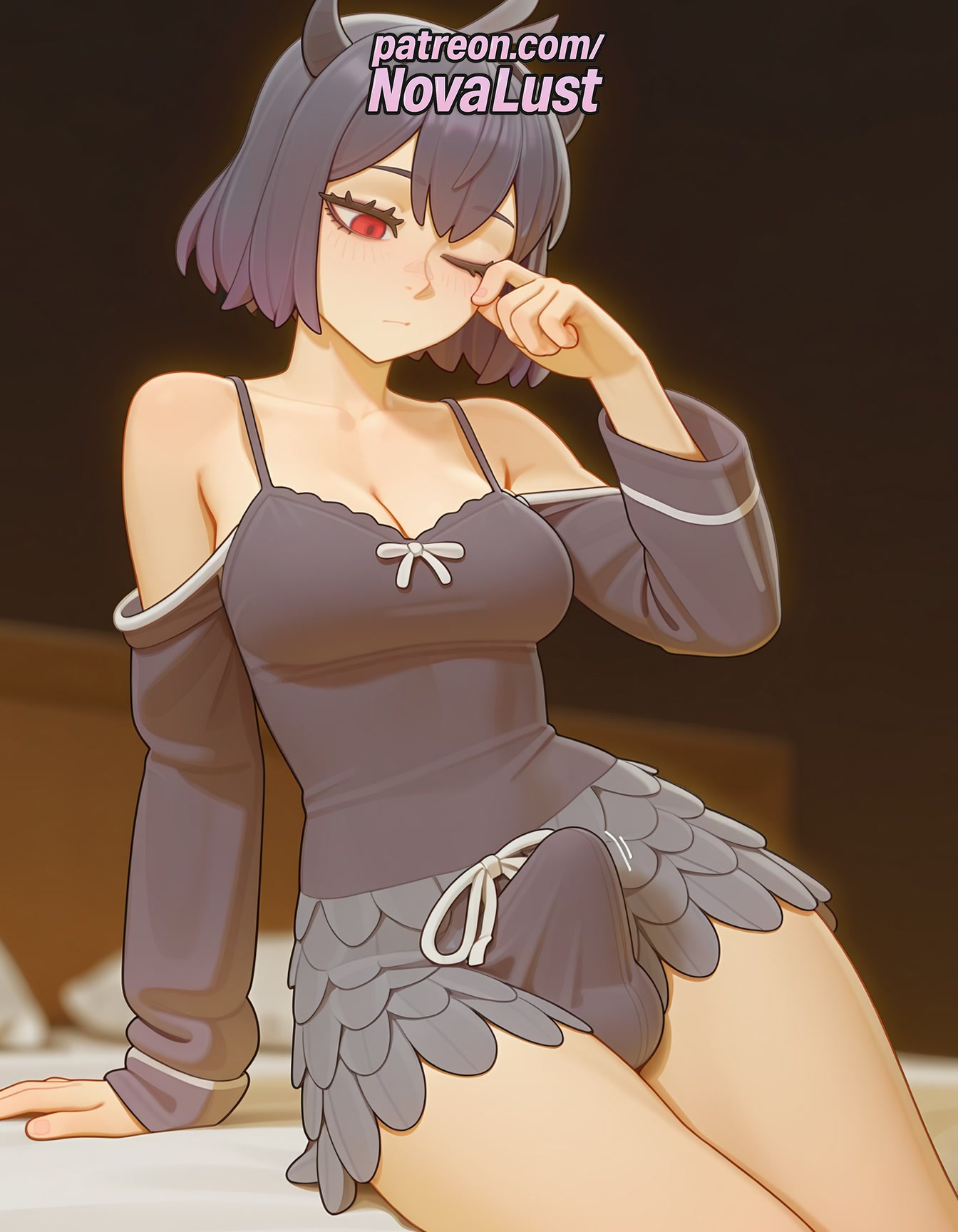 1futa, 2025, ai generated, arm support, artist name, balls, black clover, blush, bulge, cock, dick, erection, futanari, hi res, high quality, high resolution, highres, intersex, novalust, off shoulder, one eye closed, otoko no ko, patreon, patreon username, penis, red eyes, secre swallowtail, short hair, solo, stable diffusion, testicles, watermark
