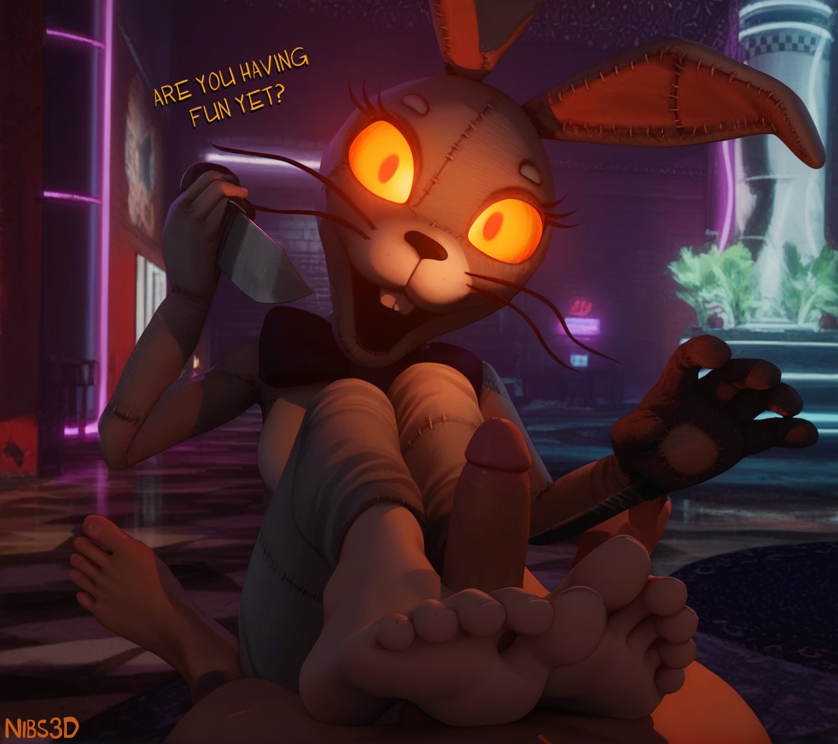 1boy, 1boy1girl, 1girl1boy, 1girls, 3d, 3d (artwork), 5 toes, accurate art style, bare feet, barefoot, blonde female, blonde hair, blonde hair female, blonde-haired female, bunny, bunny costume, bunny ear, bunny ears, bunny girl, bunny suit, bunnysuit, female, female focus, female on top, five nights at freddy's, five nights at freddy's: security breach, foot fetish, foot focus, foot play, footjob, knife, knife play, knifepoint, male, male pov, nibs3d, pizzeria, red eyes, scott cawthon, scottgames, text, toes, vanny (fnaf), yandere, yandere eyes