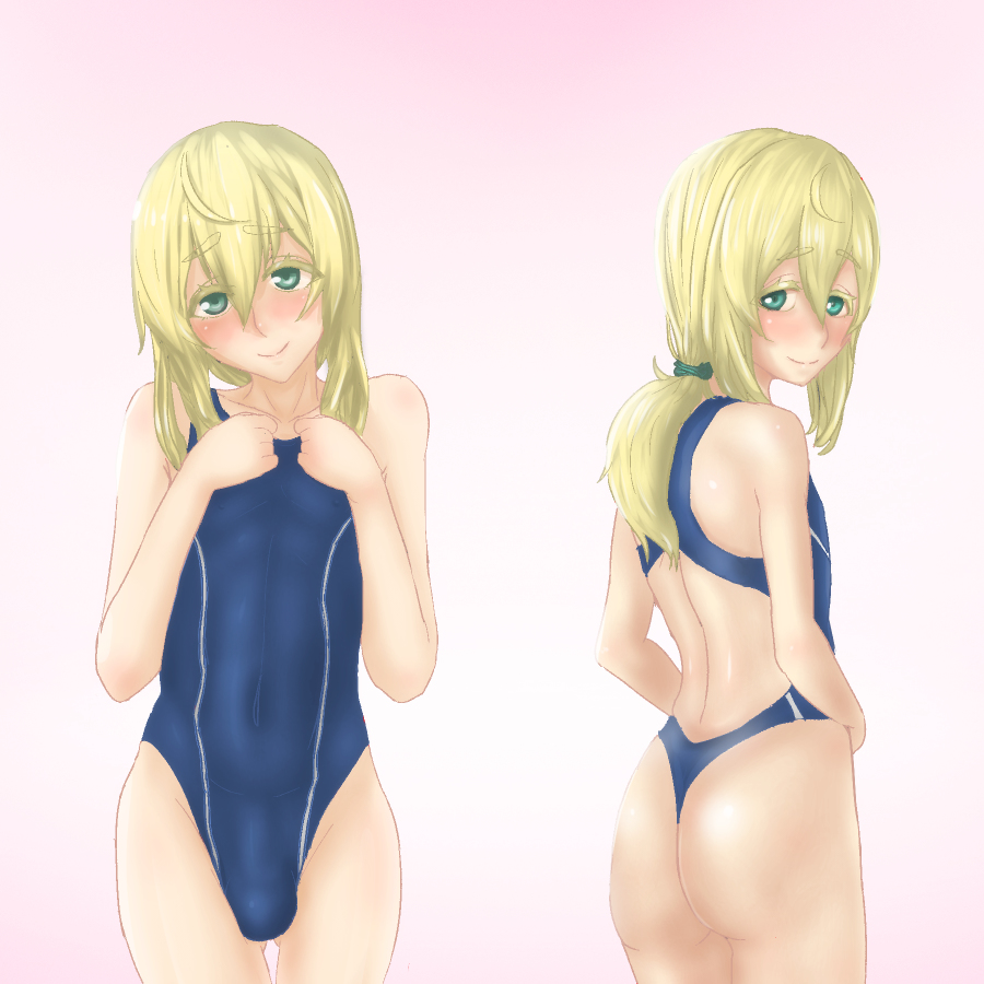 1boy, back view, bare shoulders, blonde hair, bulge, competition swimsuit, crossdressing, femboy, front view, girly, green eyes, hair between eyes, human, leotard, light skin, light-skinned male, long hair, looking at viewer, looking back, male, male only, masuto, multiple views, nervous smile, one-piece swimsuit, pale skin, pale-skinned male, ponytail, smile, solo, swimsuit, tagme, thong leotard, trap, white skin