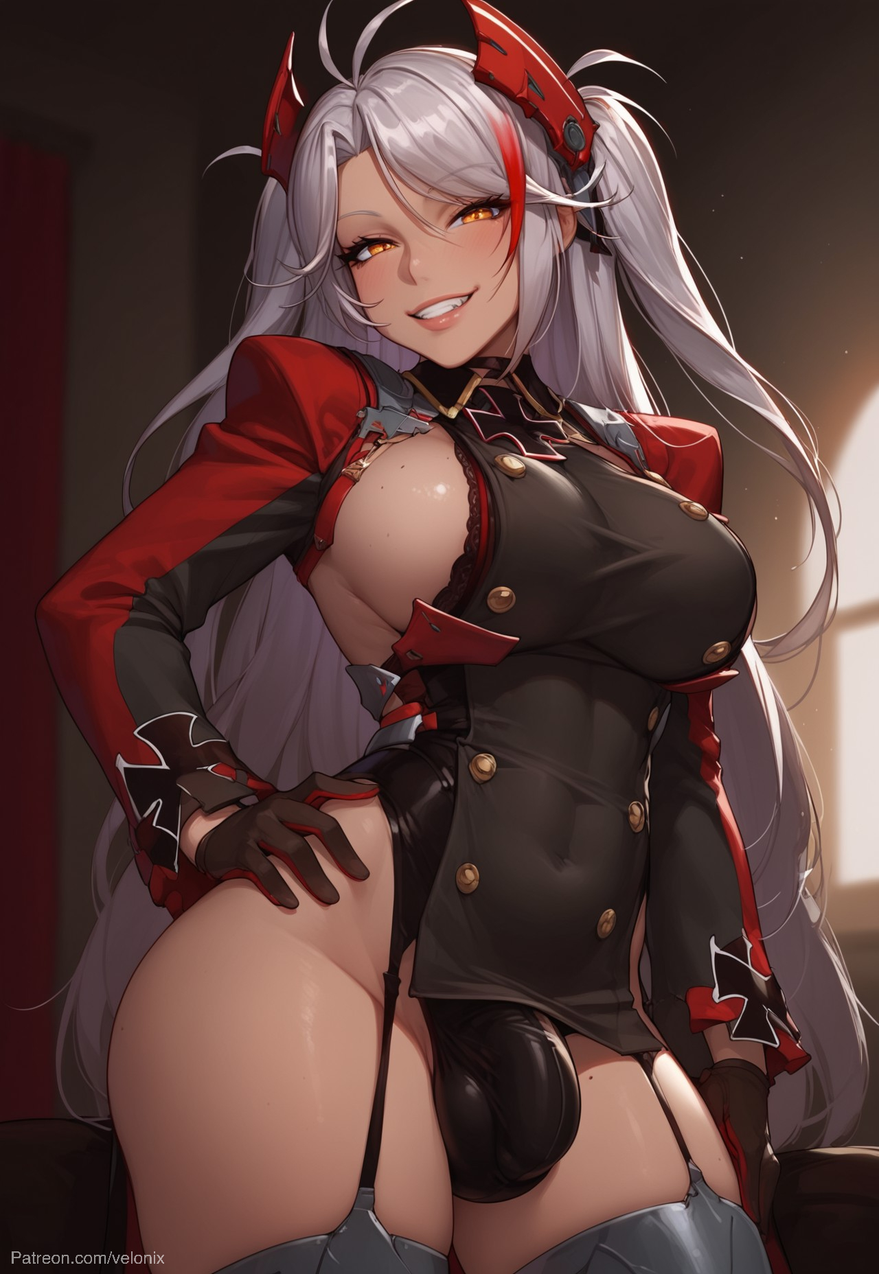 1futa, abs, ai generated, armpits, ass, azur lane, balls, big ass, big breasts, big butt, big hips, big penis, breasts, cleavage, clothed, clothing, covered abs, cum, cum leaking, cum on arms, cum on breasts, cum on face, cum on hair, cum on legs, cum on lower body, cum on navel, cum on shoulder, cum on upper body, cumming, dick, dickgirl, excessive cum, eyebrows, eyelashes, futa only, futanari, grin, grinning, grinning at viewer, hair, hands-free, huge cock, indoors, intersex, lips, long hair, looking at viewer, makeup, narrow waist, narrowed eyes, nose, penis, prinz eugen (azur lane), red hair, seducing, seductive, seductive eyes, seductive gaze, seductive look, seductive mouth, seductive pose, seductive smile, silver hair, smile, smile at viewer, smiley face, smooth balls, smooth penis, smooth skin, solo, solo dickgirl, solo focus, solo futa, testicles, velonix, yellow eyes