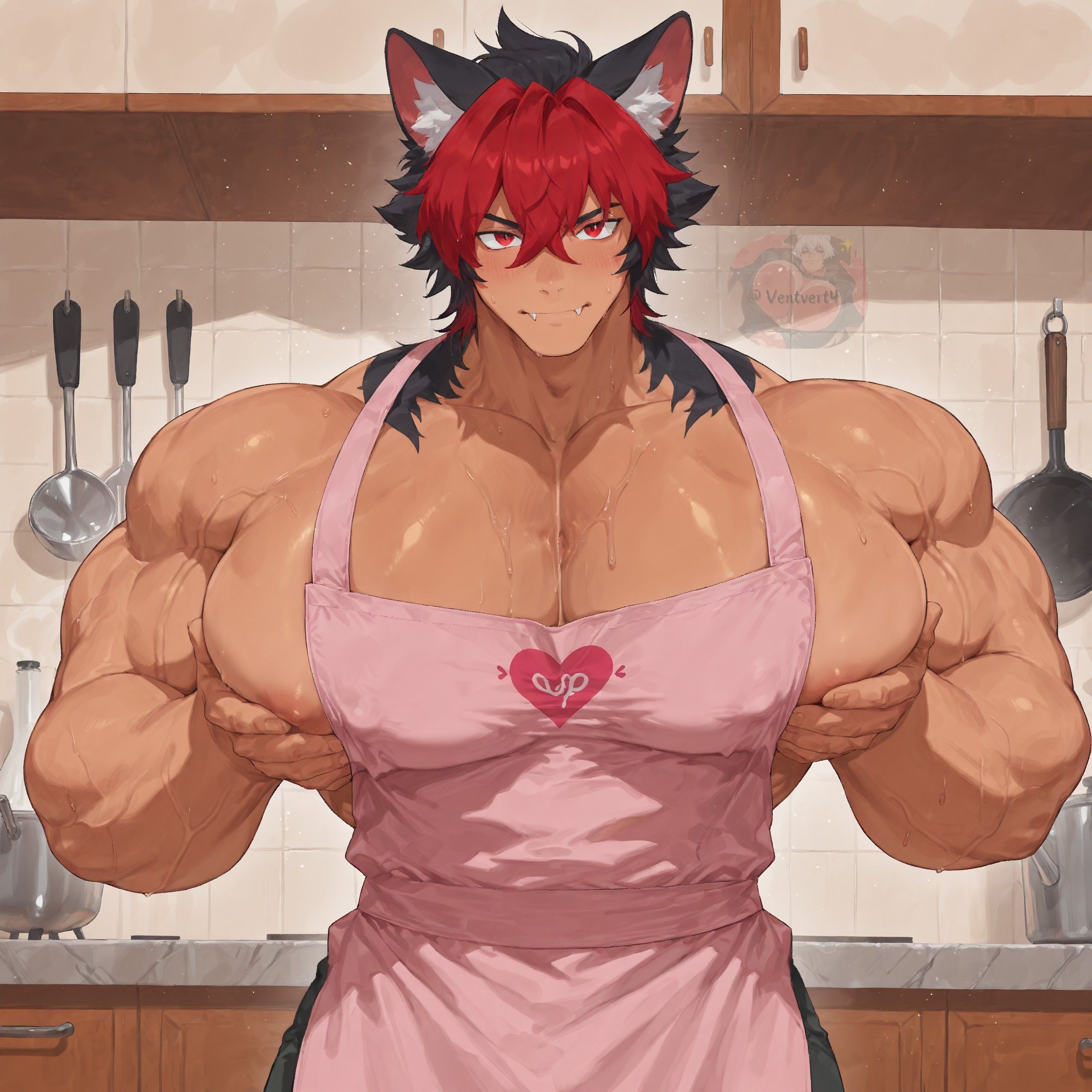 1boy, ai generated, apron, apron only, big breasts, big moobs, big pecs, big pectorals, breasts, dog boy, dog ears, glistening body, glistening skin, hyper moobs, hyper pecs, hyper pectorals, kitchen, kitchen appliance, komano manato, male, male focus, male only, pink apron, solo, solo focus, solo male, sweat, sweaty body, ventvert4, voluptuous body, voluptuous male, zenless zone zero