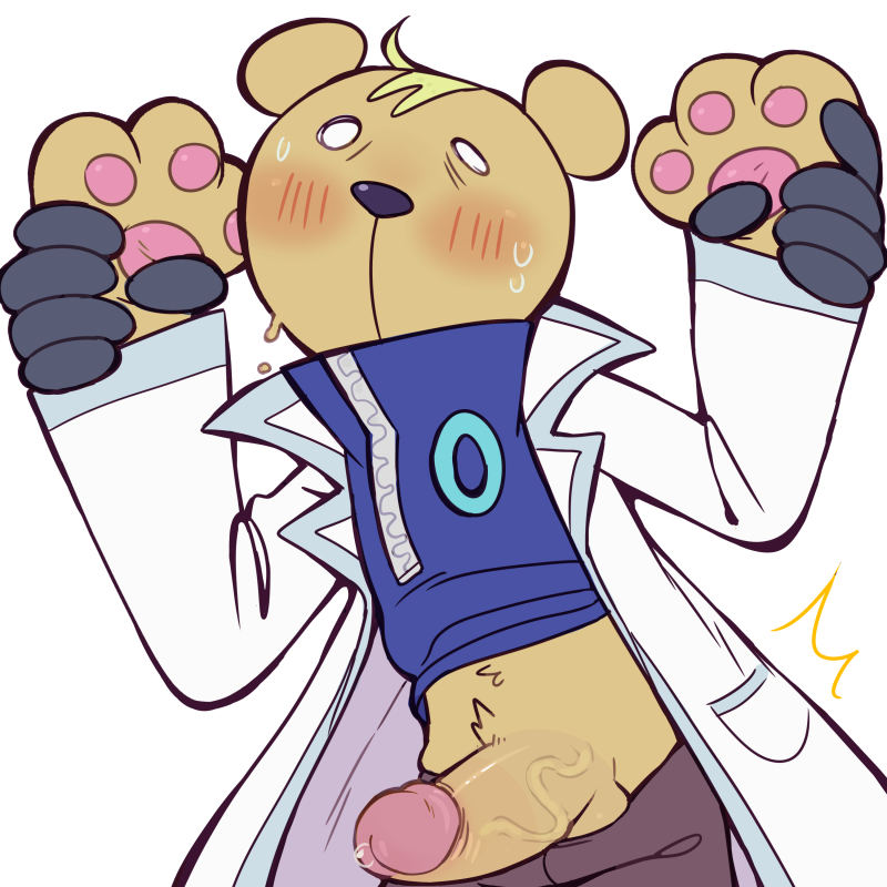 2018 alpha_channel anthro balls blush clothed clothing erection faggotrat humanoid_penis lab_coat male male_focus male_only penis precum puyo_puyo puyo_puyo_7 risukuma simple_background solo surprise sweat transparent_background vein veiny_penis video_games wrist_grab