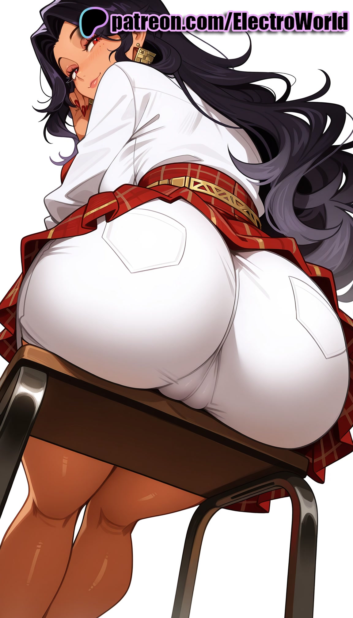 1girls, 2025, ai generated, artist name, ass, black hair, blush, chair, dark skin, electroworld, female, hi res, high quality, high resolution, highres, long hair, looking at viewer, nail polish, nijisanji, nijisanji en, patreon, patreon username, plaid, plaid skirt, red skirt, scarle yonaguni, skirt, solo, stable diffusion, virtual youtuber, watermark, wavy hair
