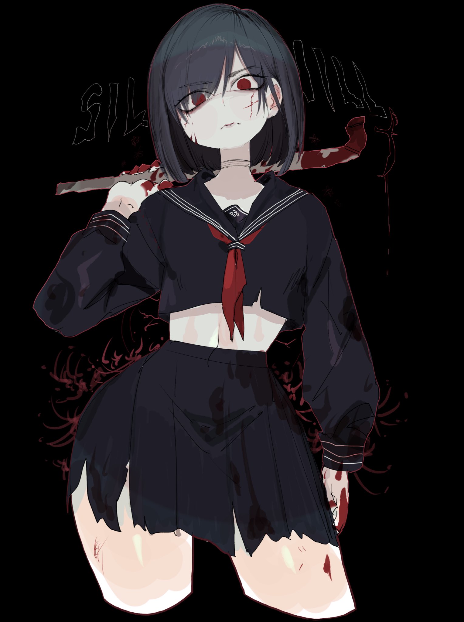 black background, black hair, black skirt, black uniform, blood on hand, hi res, hinako shimizu, long sleeves, metal pipe, red eyes, school uniform, silent hill f, simple background, tagme, torn skirt, usa37107692, wide hips