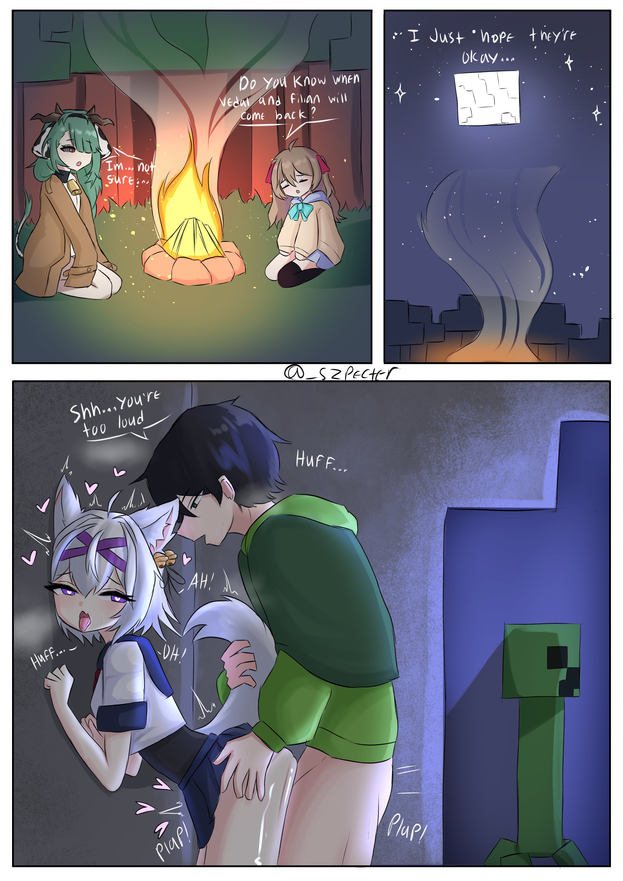 1boy, 3girls, 3koma, against wall, aheagao, campfire, cat ears, cat tail, catgirl, clothed, clothed sex, creeper (minecraft), crelly, english text, filian (vtuber), fire, heart symbol, heart-shaped pupils, holding tail, minecraft, neuro-sama, purple eyes, rindo (vrchat), sex, standing doggy style, standing sex, stealth sex, szpecter, tongue, tongue out, vedal987, virtual youtuber, white hair