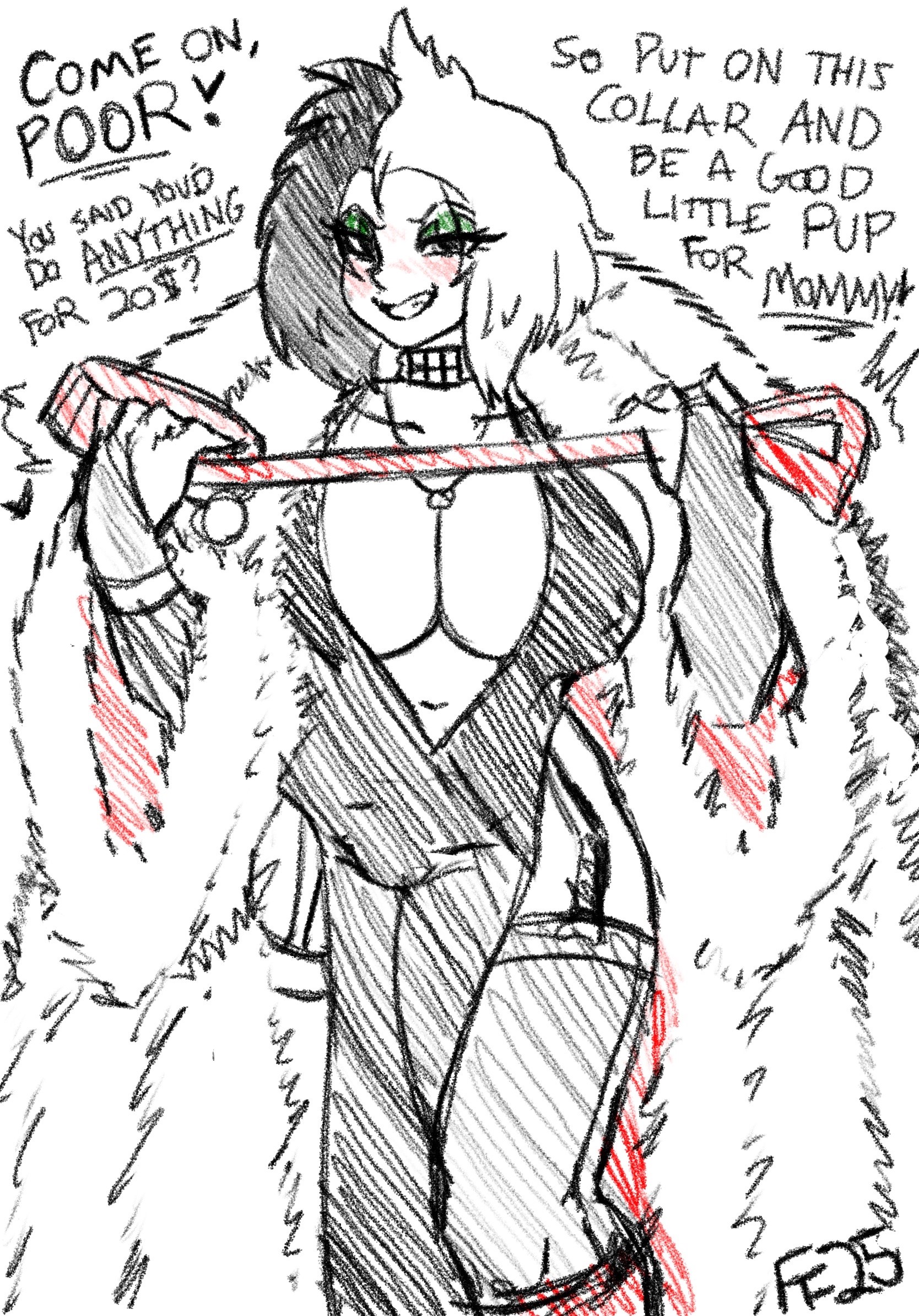 101 dalmatians, 1girls, 2025, aged down, artist signature, bell, bell collar, black hair, breasts, cleavage, collar, collar and leash, cruella de vil, dialogue, dress, english, english text, eyeshadow, fanterfane, female, female only, femdom, fur coat, green eyeshadow, heart, heart symbol, large breasts, leash, leash and collar, makeup, mommy, monochrome, necklace, petplay, pov, smiling, smiling at viewer, solo, solo female, submissive pov, text, thick thighs, thighs, two-tone hair, wealthy female, white hair, wide hips, year