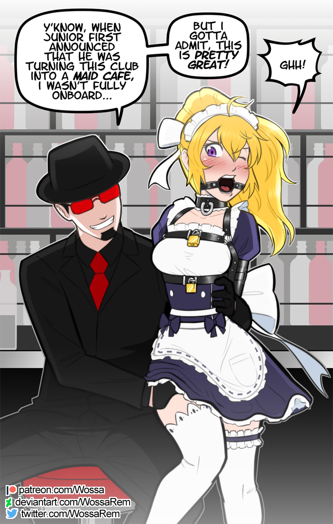 1boy 1girls armbinder arms_behind_back blonde_hair bondage female femsub forced fully_clothed gag groping maid_uniform male maledom open_mouth_gag purple_eyes reluctant ring_gag rwby stockings wossarem yang_xiao_long