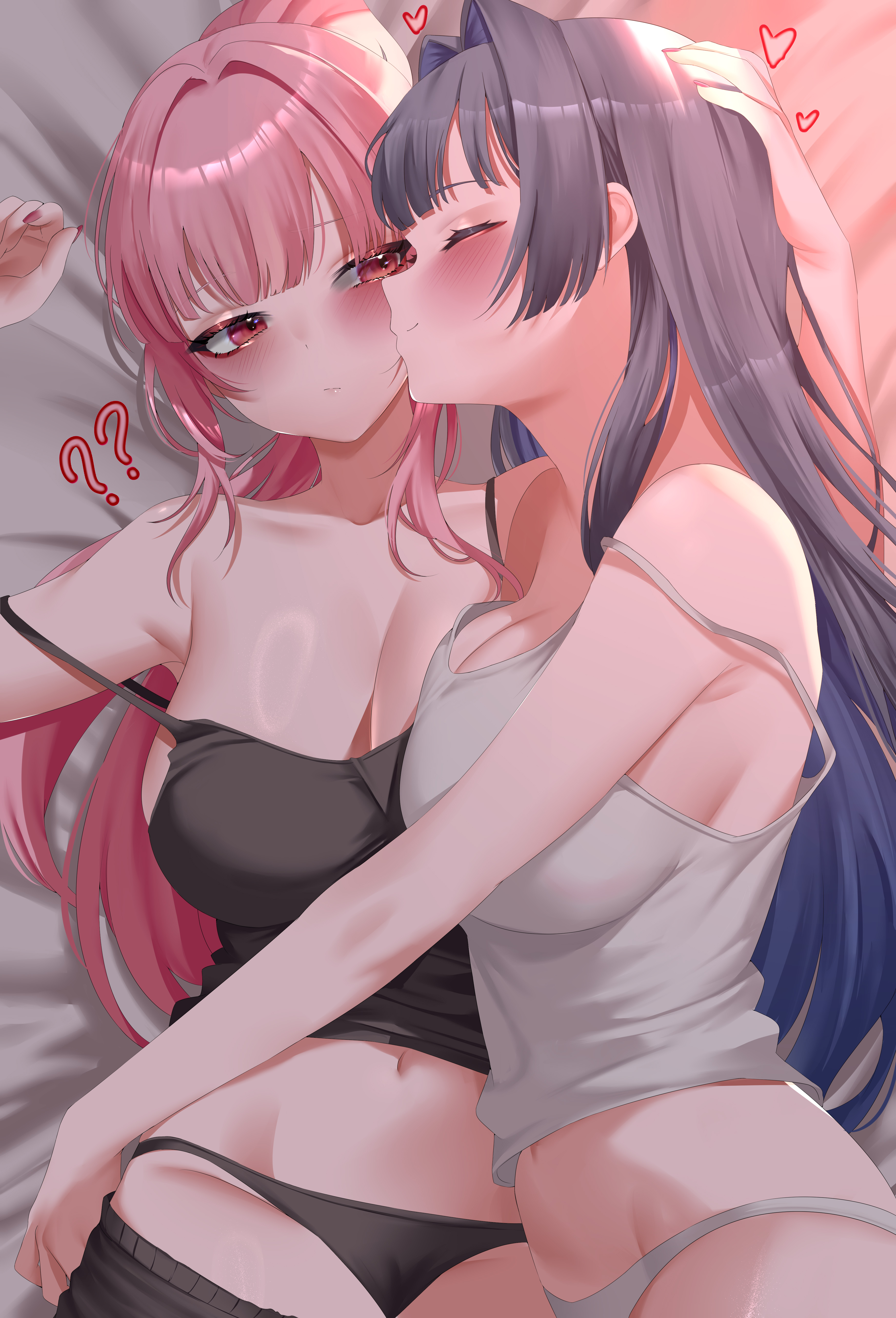 2girls, bangs, bare shoulders, black camisole, black panties, black tank top, blush, breasts, camisole, cleavage, closed eyes, collarbone, eyebrows visible through hair, female, heart, hololive, hololive english, hololive english -council-, hololive english -promise-, hololive myth, kissing, large breasts, long hair, lying, midriff, mori calliope, multiple females, multiple girls, navel, on back, ouro kronii, panties, pink hair, red eyes, strap slip, tank top, underwear, virtual youtuber, white panties, yuri