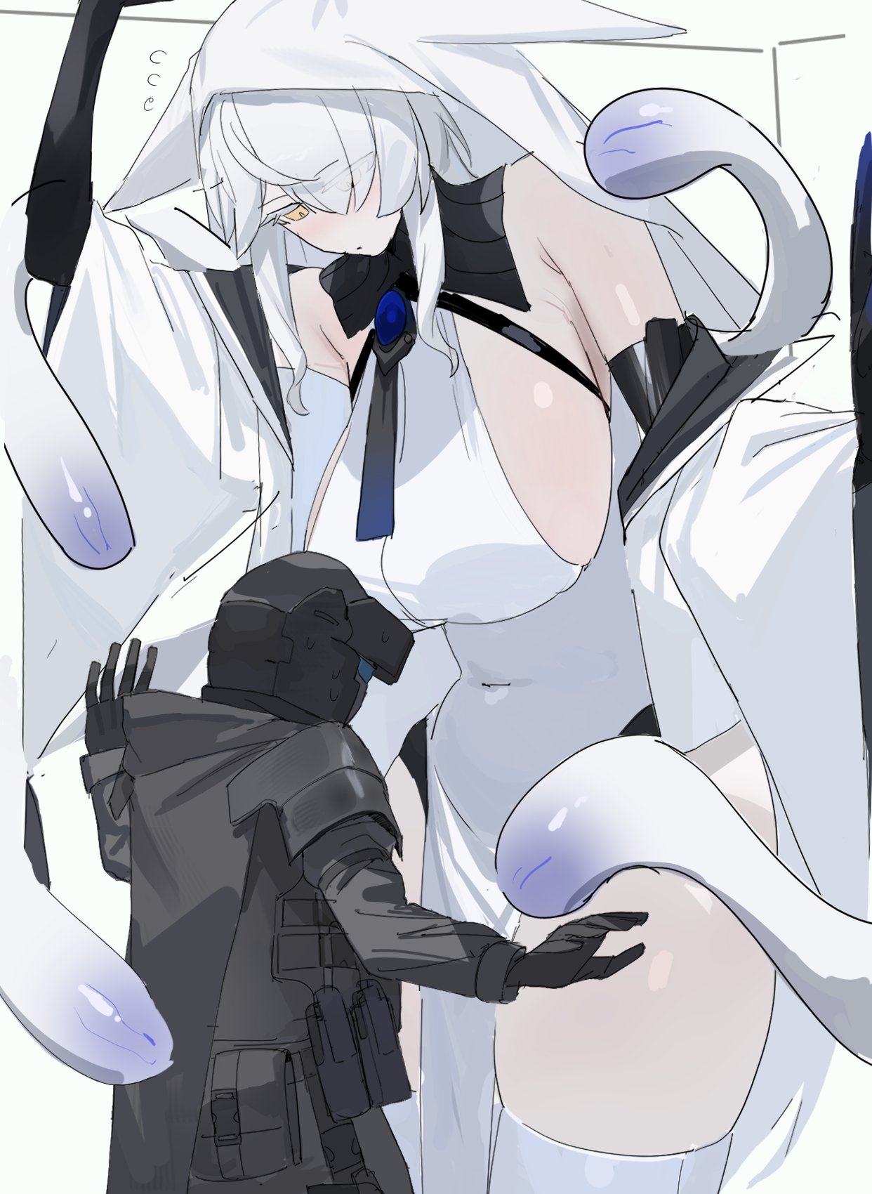 1boy, 1girls, big breasts, breasts, female, giantess, hassuyu ni, height difference, large boobs, large breasts, large female, light skin, light-skinned female, looking down, looking down at partner, looking up, looking up at partner, male, mini giantess, size difference, thick thighs, thighs, white hair, white hair female, yellow eyes