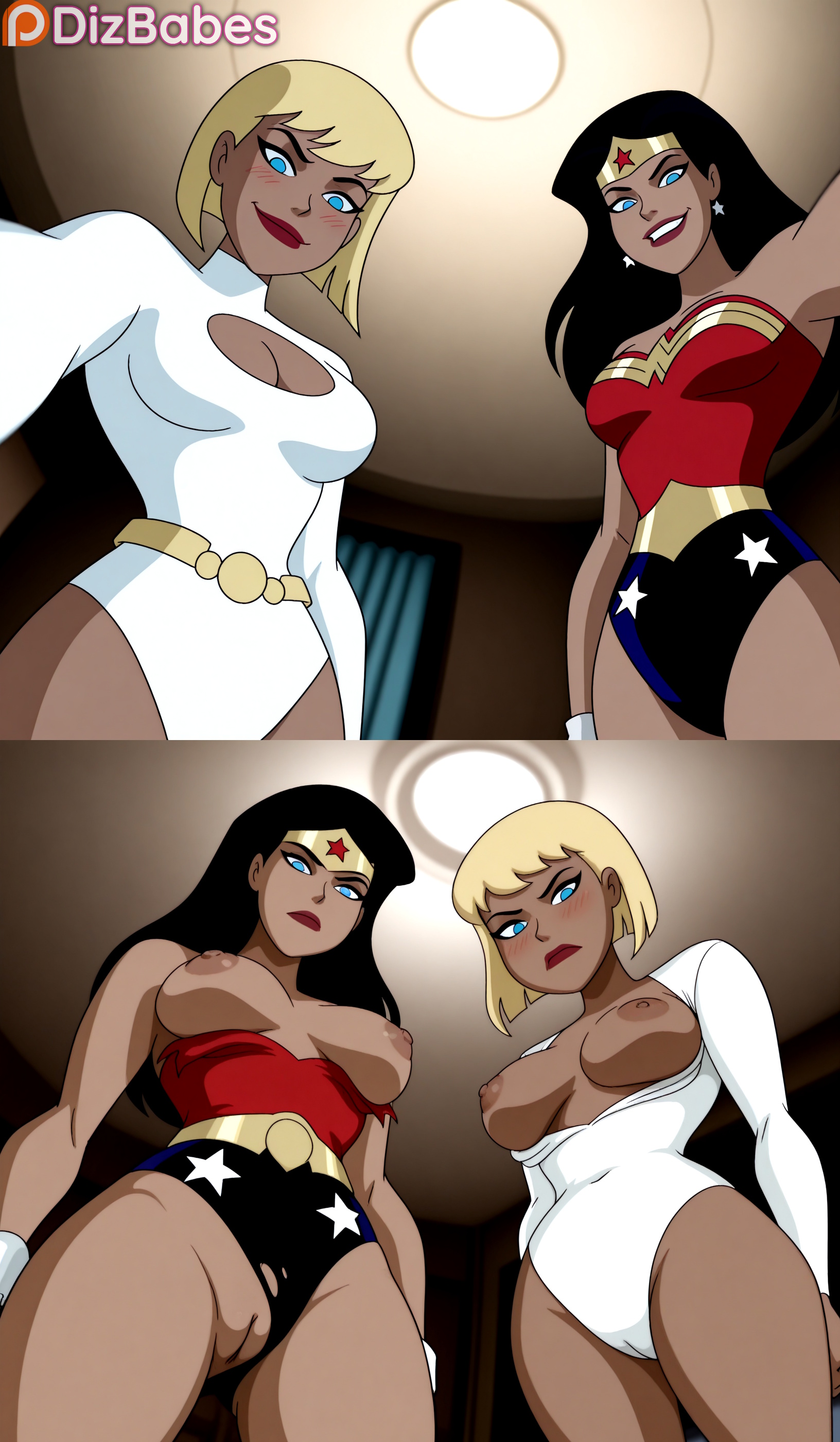 2girls, ai generated, black hair, blonde hair, blue eyes, breasts out, cameltoe, cleavage cutout, dc, dc comics, dcau, dizbabes, exposed breasts, female only, galatea, justice league, justice league unlimited, leotard, leotard aside, lipstick, long hair, looking at viewer, looking down, multiple images, parted lips, pov from below, power girl, red lips, short hair, side by side, stable diffusion, standing, standing over viewer, superhero costume, superheroine, superman (series), tiara, wonder woman